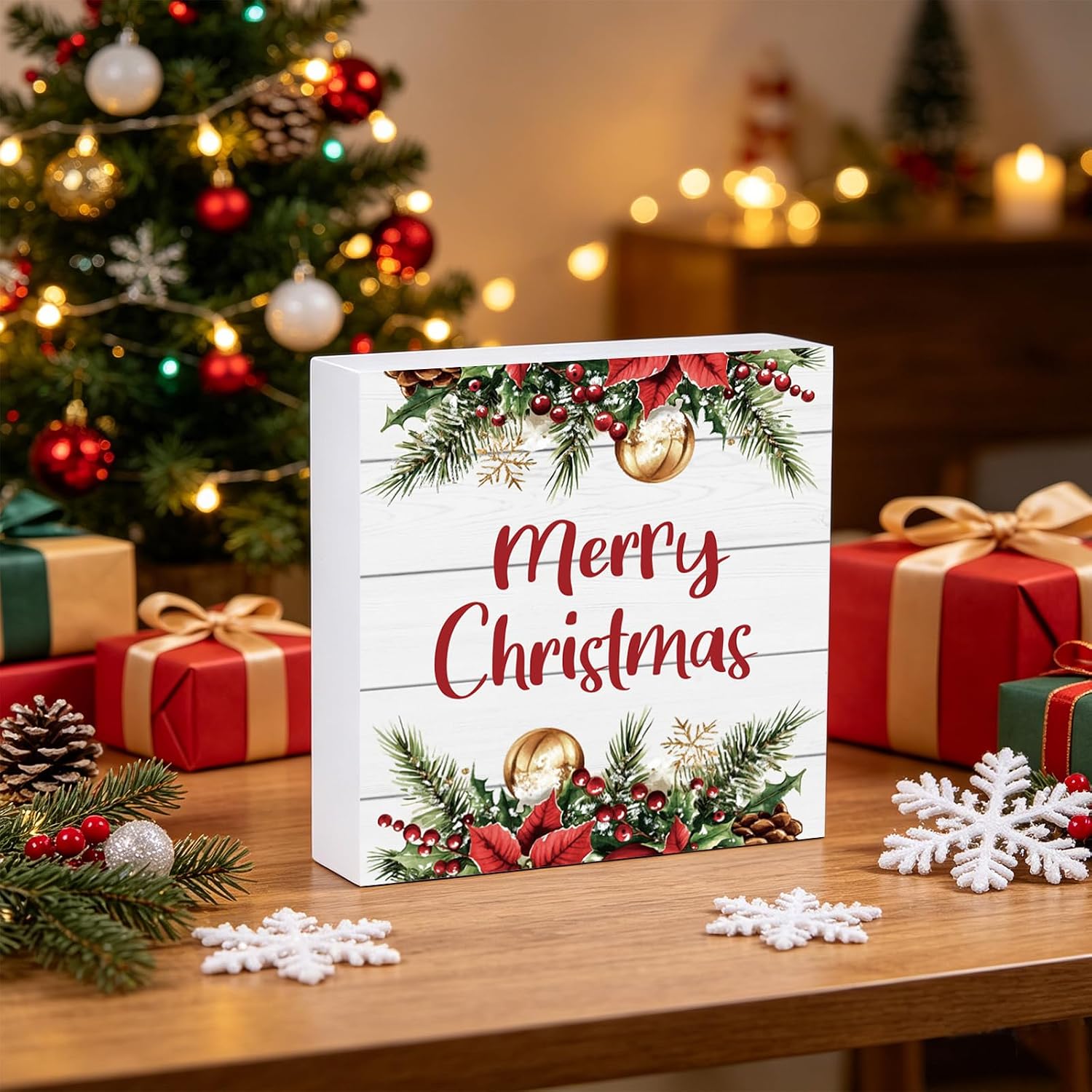 Christmas Decorations Indoor Christmas Decor Table Home Room Office Bathroom Grass Wood Box Sign Rustic Wooden Shelf Desk Decor Season Sign House Warming Gifts 5.9 x 5.9 Inch