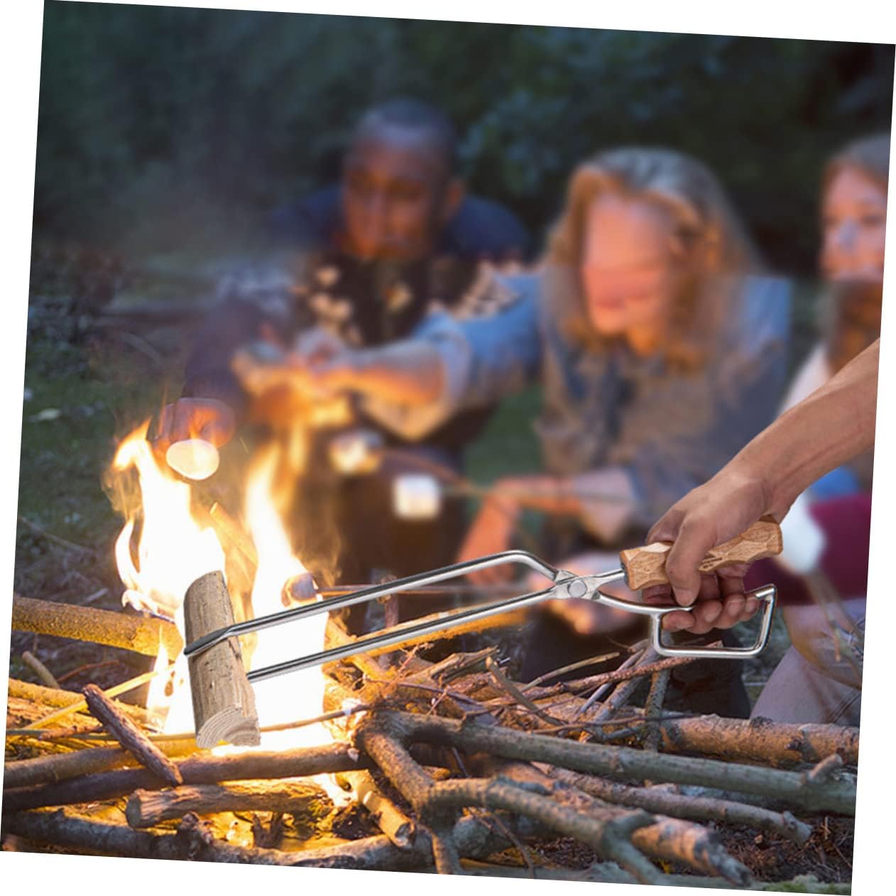 Stainless Steel Charcoal Clip Solid Beech Wood Handle BBQ Charcoal Tongs for Outdoor Grilling and Campfire Cooking Heavy Duty Firewood Tong for Fire Pit