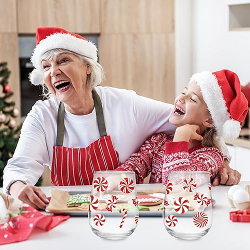 Miniatura 6 de Whaline 2 copas de vino sin tallo de Navidad de 17 onzas con tema de caramelo de Navidad, vasos de bastón de caramelo, vasos para suministros de