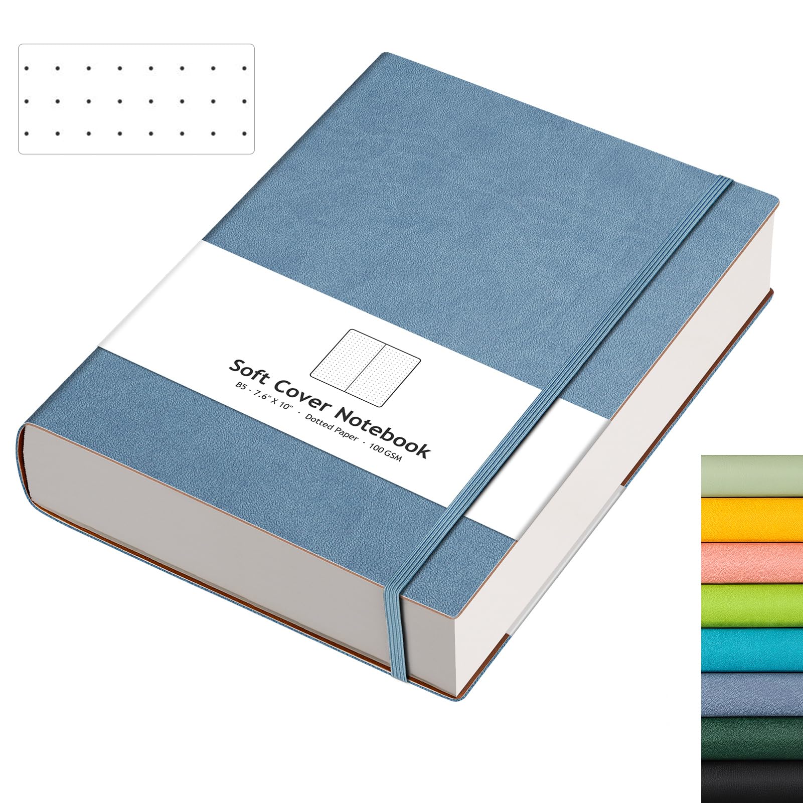 AHGXG Bullet Dotted Journal - 320 Pages Dot Grid Notebook B5 Large Journal, 100gsm Thick Dotted Paper, Leather Softcover, with Journal Stencils, Inner Pocket, 7.6'' X 10'' - GrayBlue