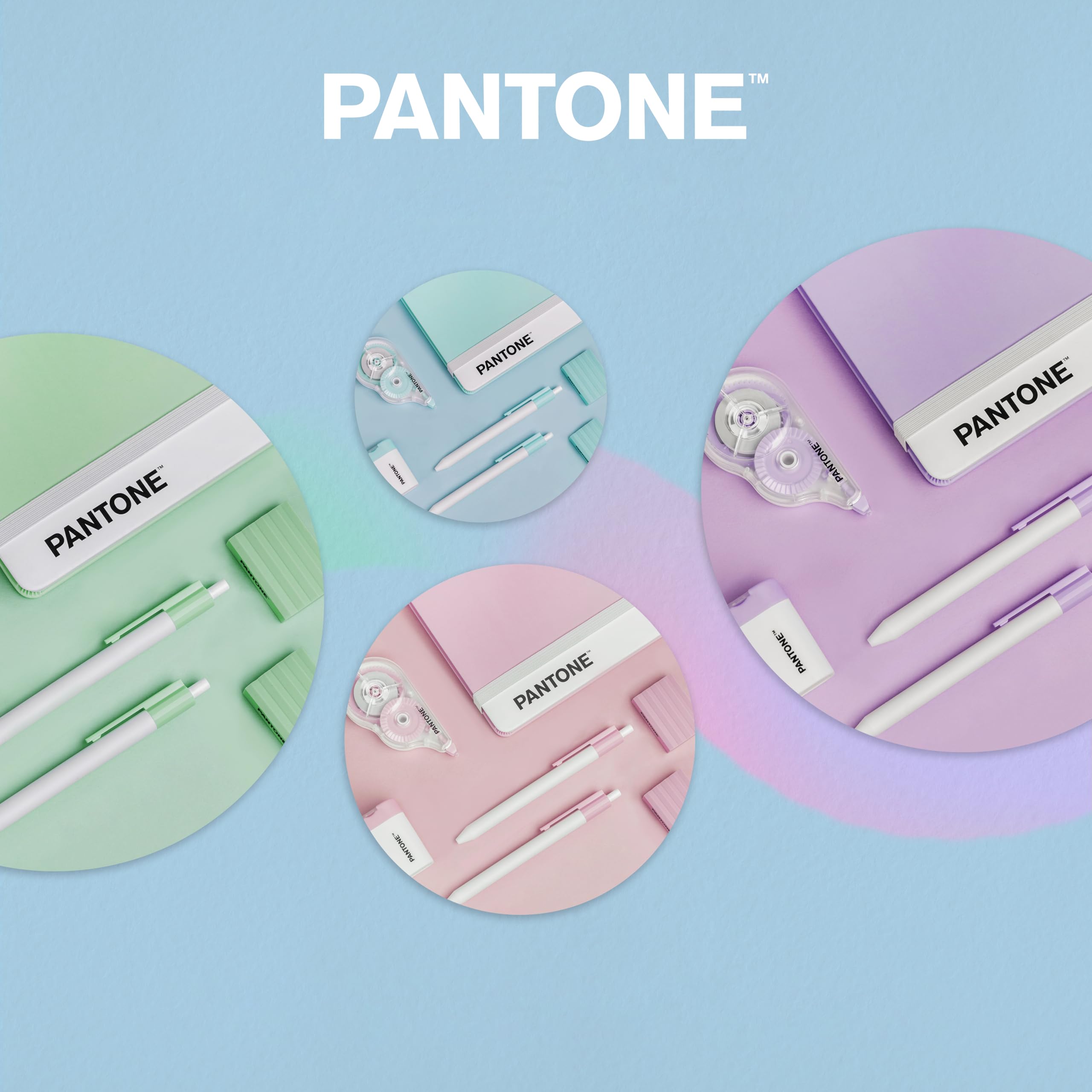 PANTONE Pastel Gift Box - Set Cancelleria con Temperino con Serbatoio, Taccuino Appunti, 2 Gomme da Cancellare, Bianchetto a Nastro 10mt e Penne Gel Nere 0.7 mm, Prodotti Cartoleria per Idee Regalo