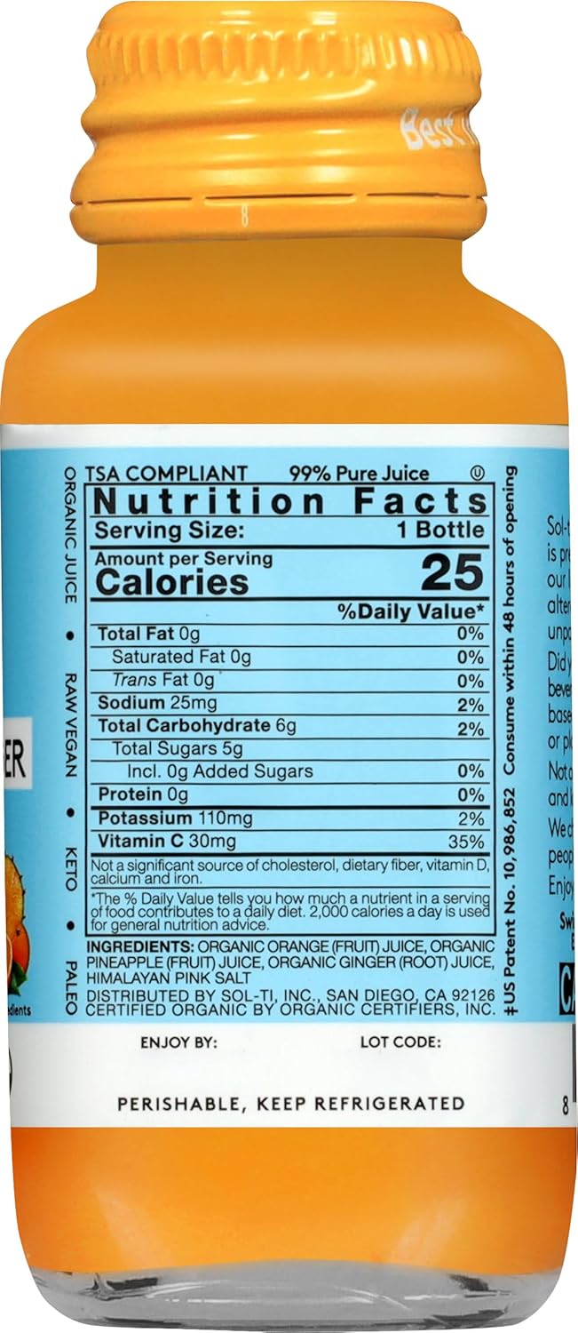 Sol-ti Organic Tropical Ginger SuperShot Drink, Aids in Collagen Production and Promotes Skin Elasticity, SuperFood, Cold-Pressed Fruit Juice Blend, 12 Pack (2.1 Fl oz)