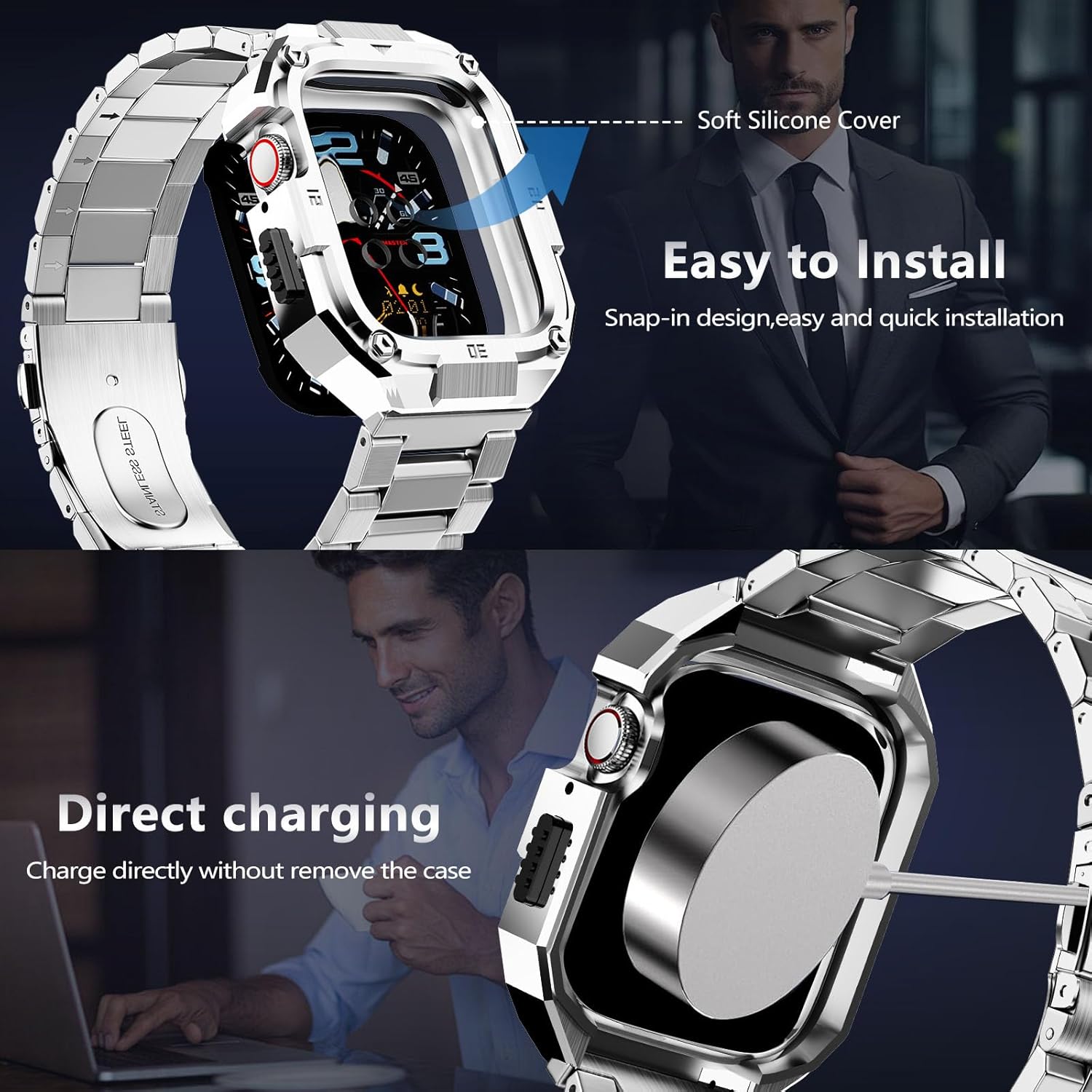 MOFREE Stainless Steel Watch Band with Case Compatible for Apple Watch Series 10 46mm for Men, Rugged Strap with Metal Protective Bumper Cover for iWatch 10 46mm Bands Men Silver - Image 4