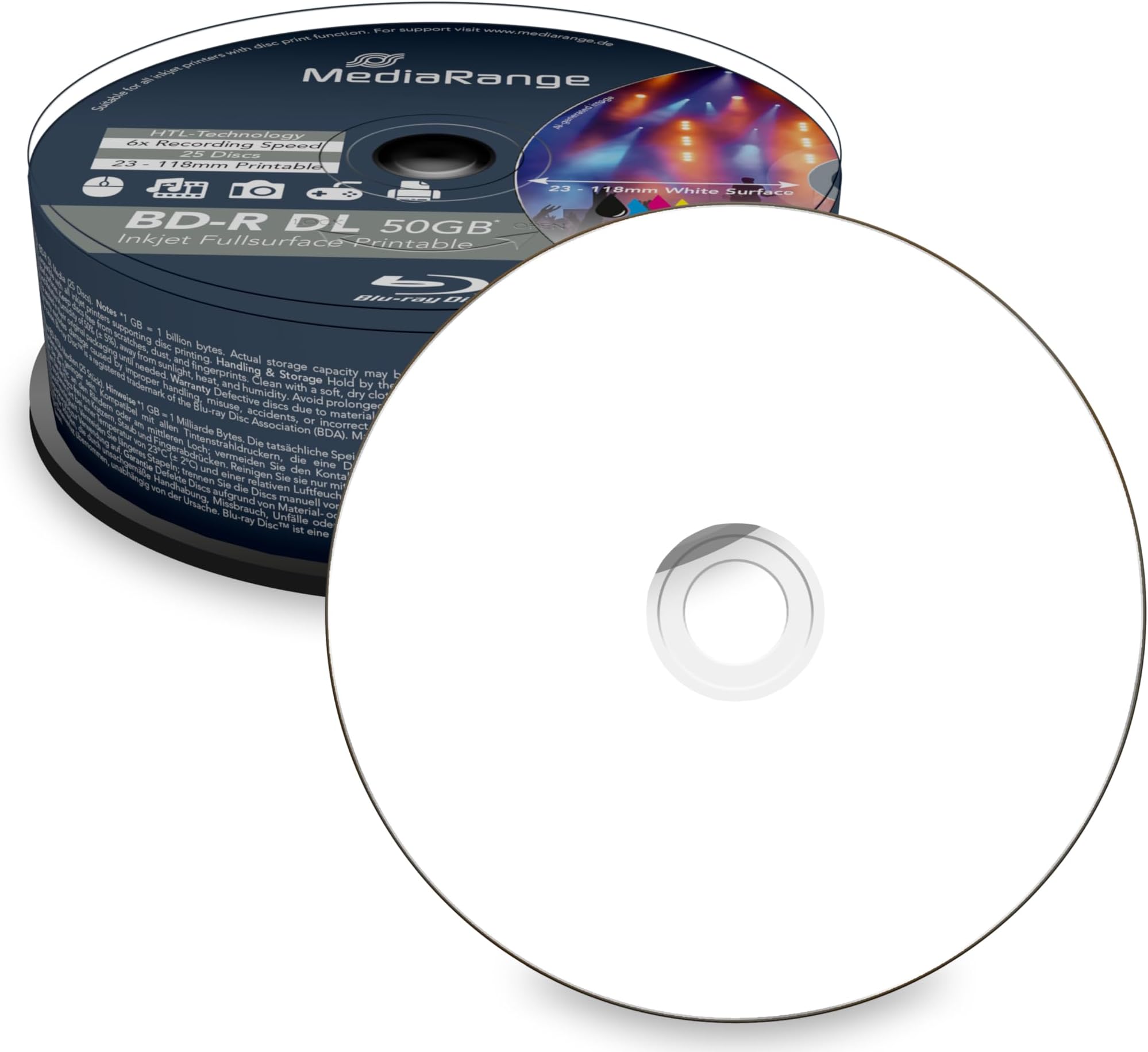 MediaRange BD-R Dual Layer 50 GB 6x Write Speed, Full Surface Printable, 25 Cake Box