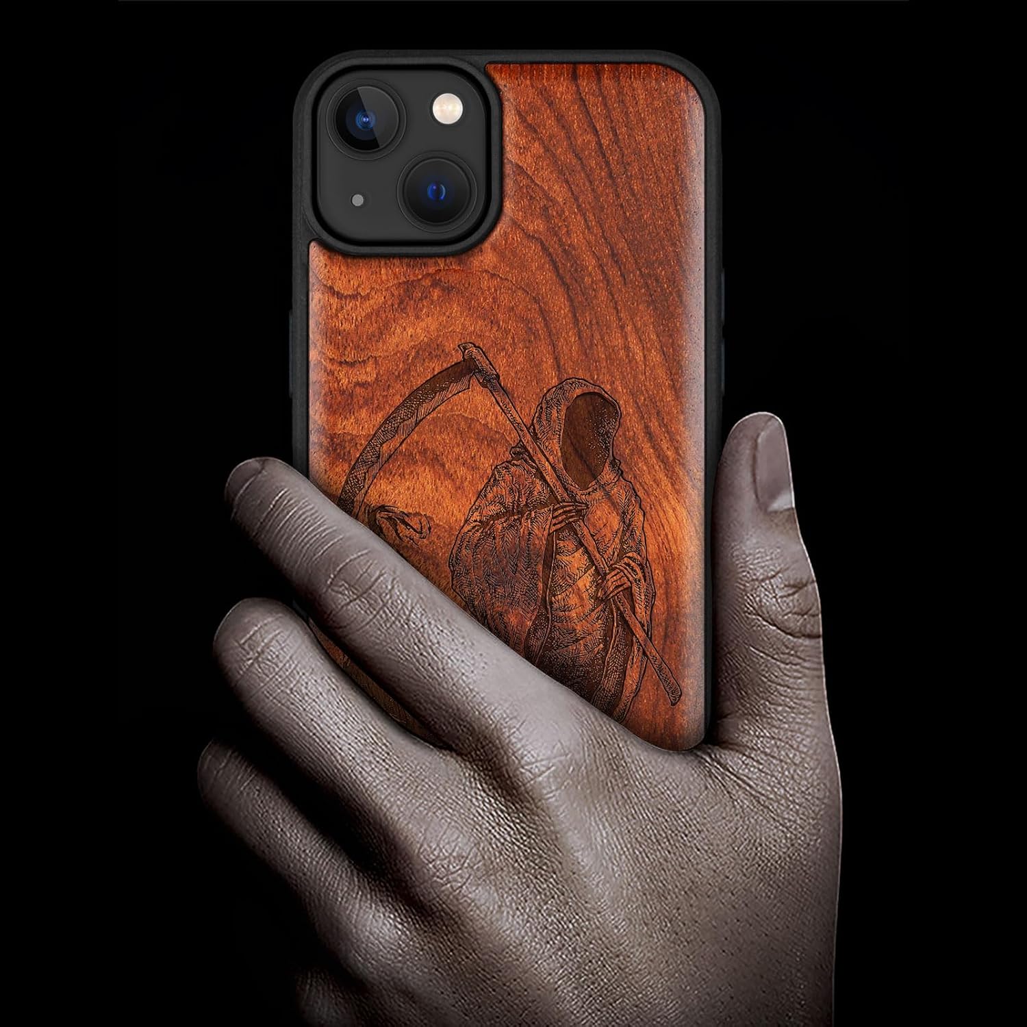 Carveit Magnetic Wooden Case for iPhone 15 Plus Case, Compatible with MagSafe Wireless Chargers, Black Soft TPU Shockproof Cover & Wood Artisan Engraved (The Grim Reaper) - Rosy