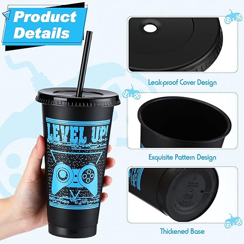 Vista 38 de Mifoci Vasos de plástico para videojuegos con tapas y pajitas, vaso reutilizable con tapa y pajita, lindo vaso de viaje para café helado, botella