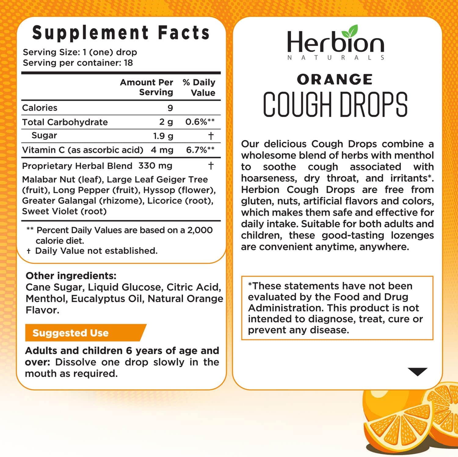 HERBION Naturals Cough Drops with Natural Orange Flavor, Dietary Supplement, Soothes Cough, for Adults and Children Over 6 Years, 18 Drops, Pack of 6