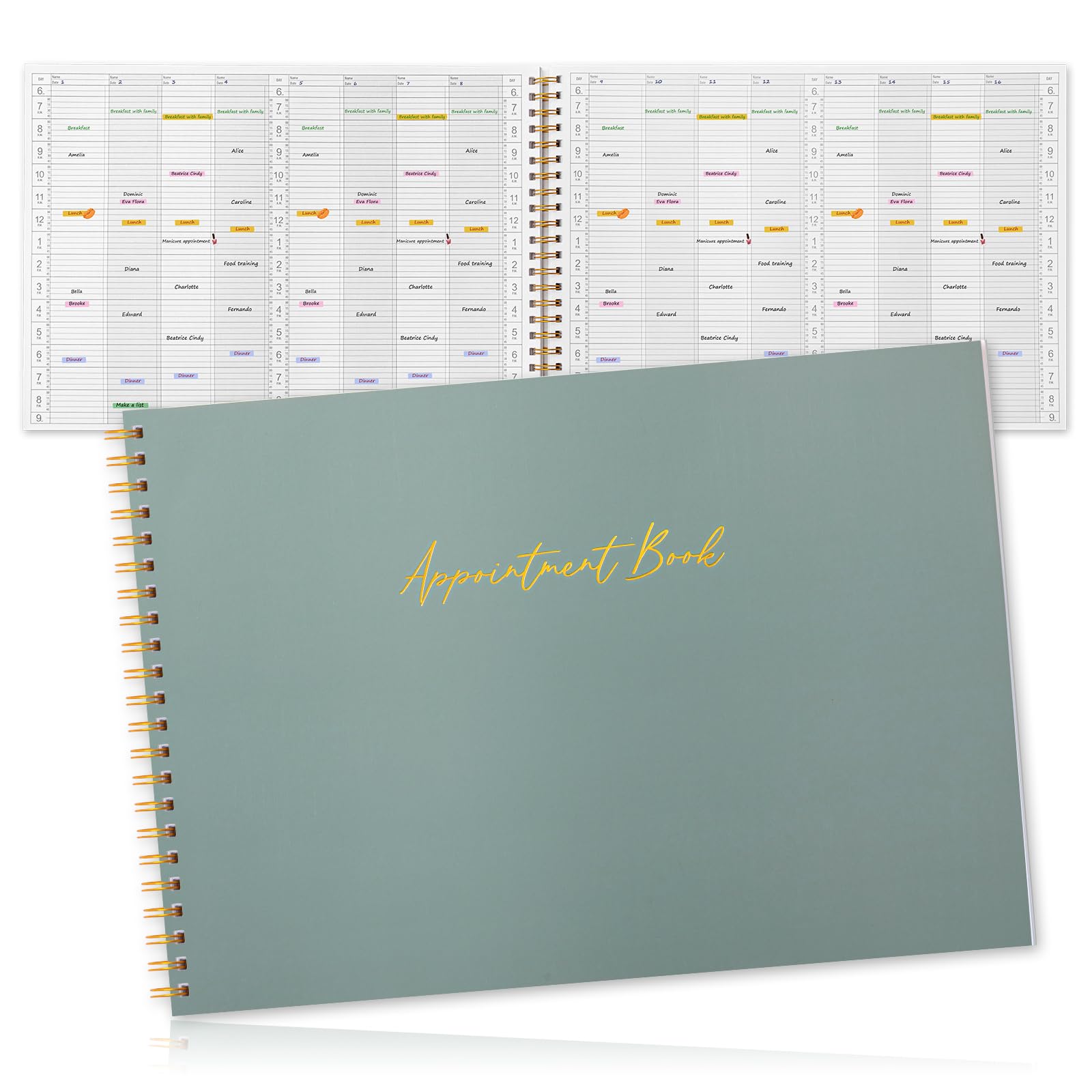 Maitys 2026 Large 8 Column Appointment Book for Salon Business, Hourly Schedule Planner 15 Minute Interval, 200 Pages Undated 6 Am 9 Pm Spiral Bound Checklist Organizer Notebook(Green, Minimalist)