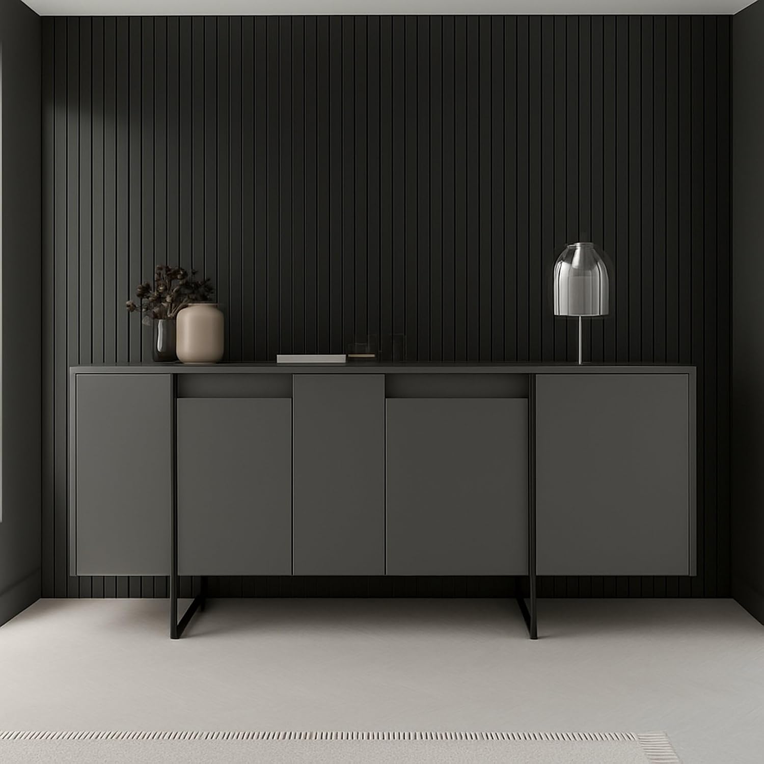 Dmora - Credenza Betel, Buffet da soggiorno, Madia da salotto, Dispensa da cucina, 160x35h80 cm, Antracite e Nero