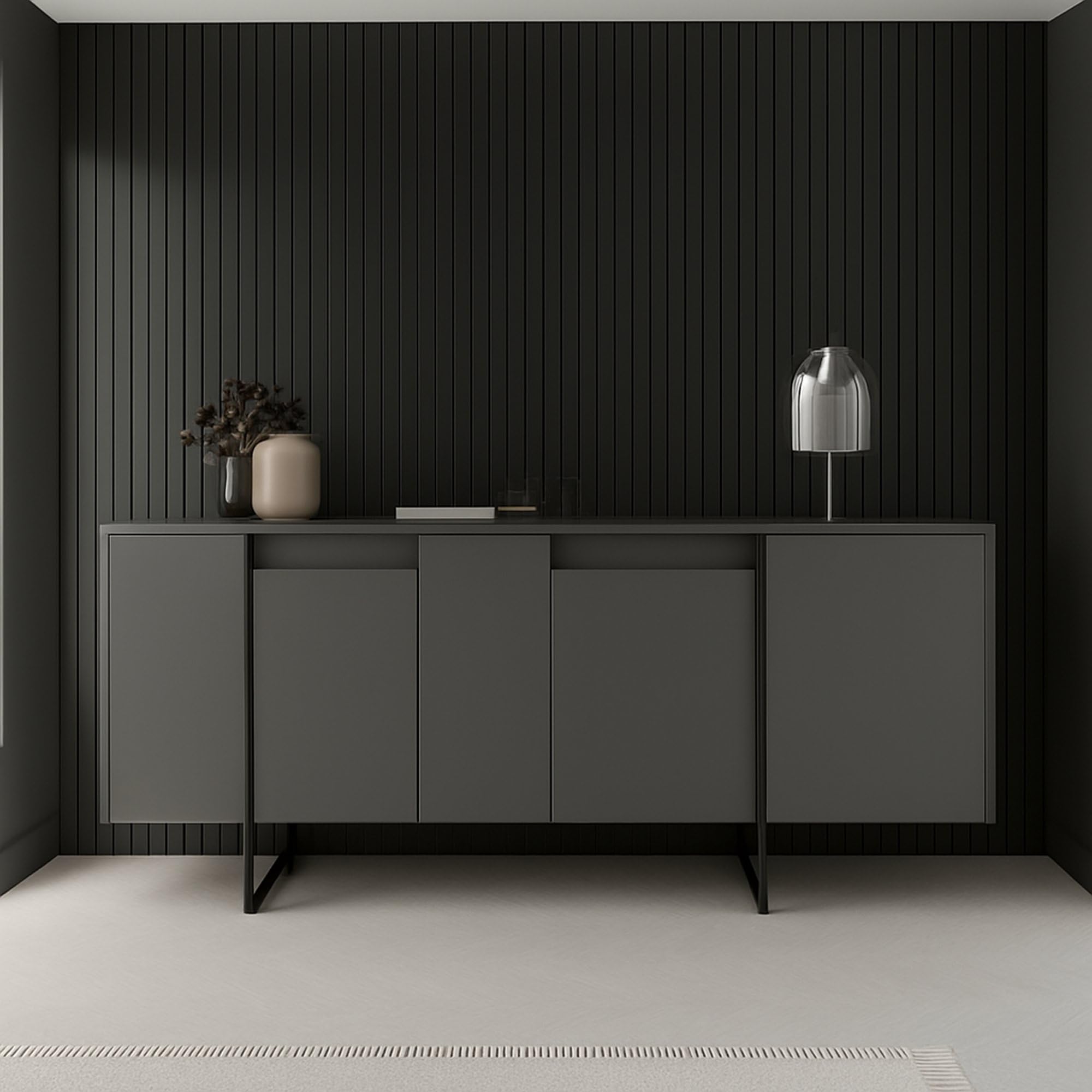 Dmora - Credenza Betel, Buffet da soggiorno, Madia da salotto, Dispensa da cucina, 160x35h80 cm, Antracite e Nero