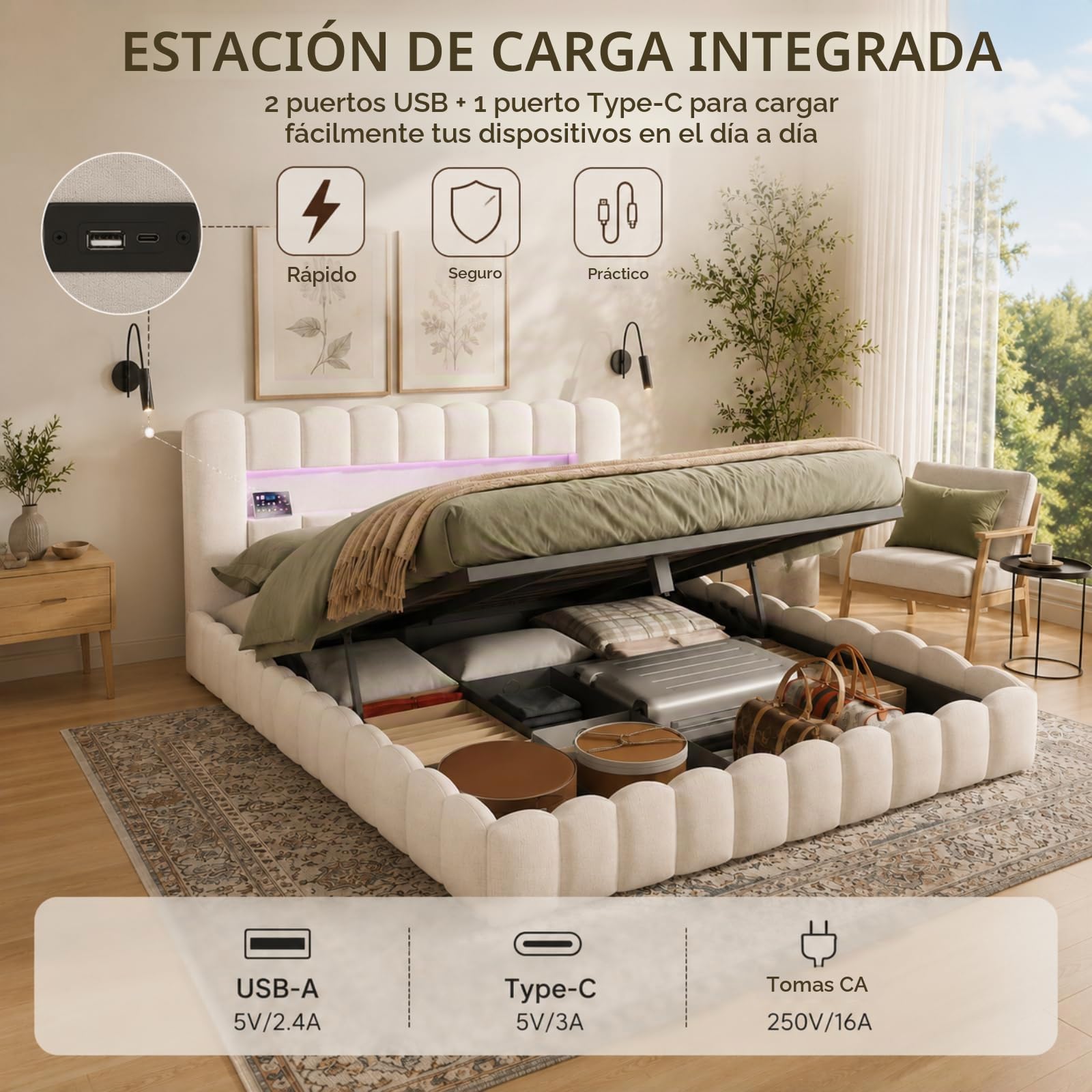 Fofetbfo Cama Baúl 140 x 200 cm, Burbuja Cama Doble Acolchado con Iluminación LED y Tipo-C y USB, Cama Capitonada con Almacenamiento, Marco de Cama Hidráulica con Somier de Latte, Lino (Beige, 140 x