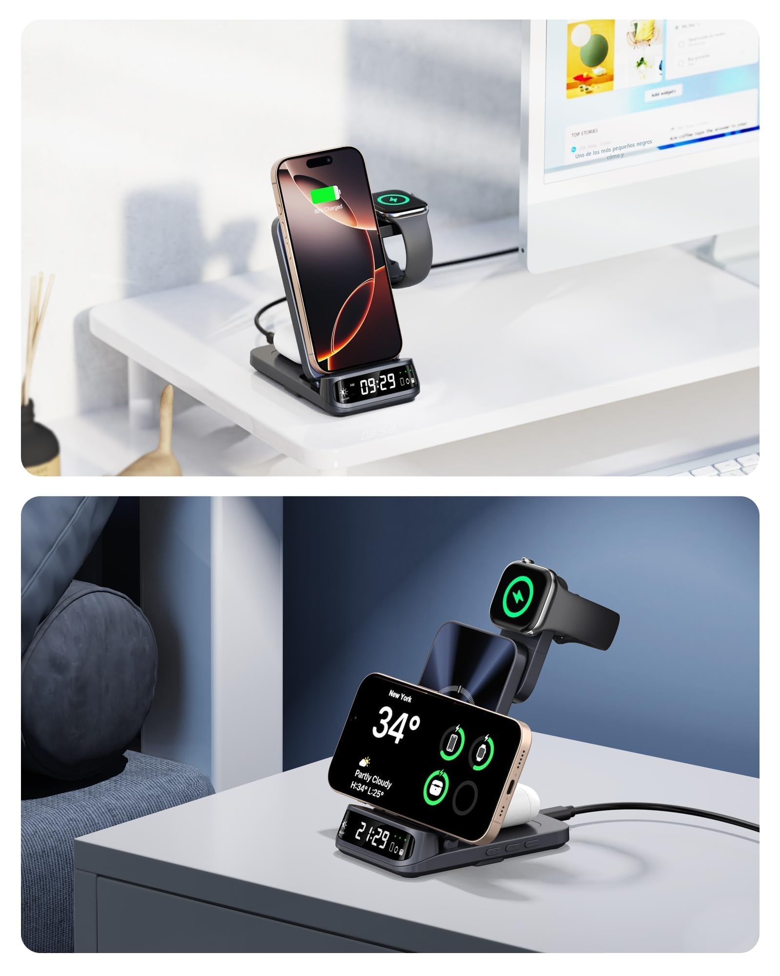 Cargador inalámbrico 3 en 1 Plegable para iPhone 17, iWatch 11, AirPods | Pantalla curva elegante, reloj LED regulable, plegable y portátil, protecciones múltiples, sin adaptador, SwanScout 708A