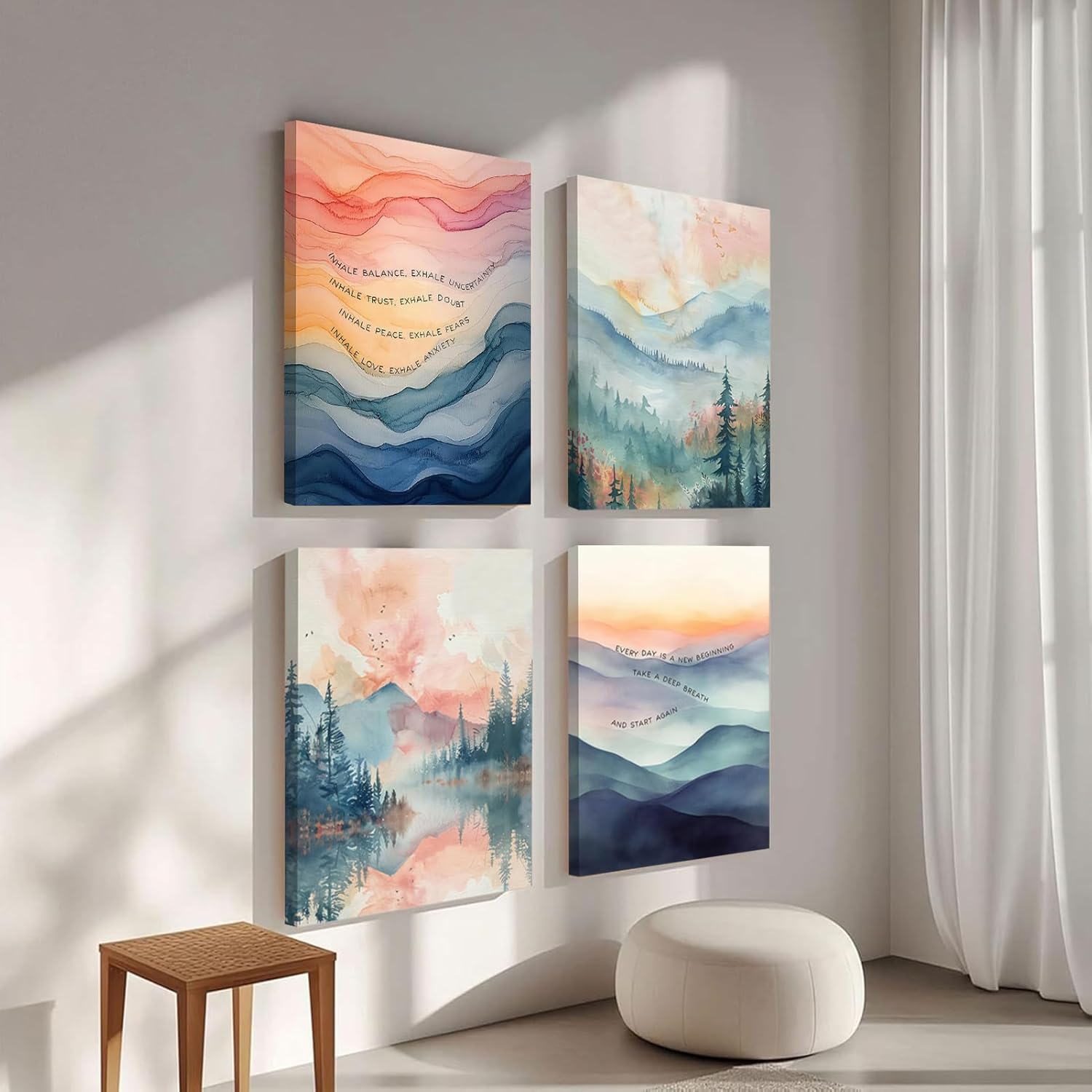 4pcs Inhale Exhale Mental Health Canvas Wall Art Prints, Therapy Office Decor, Watercolor Abstract Prints for Wall Decor, Calming Breathe Poster for Therapy Counselling Room 12”x16” Ready to hang