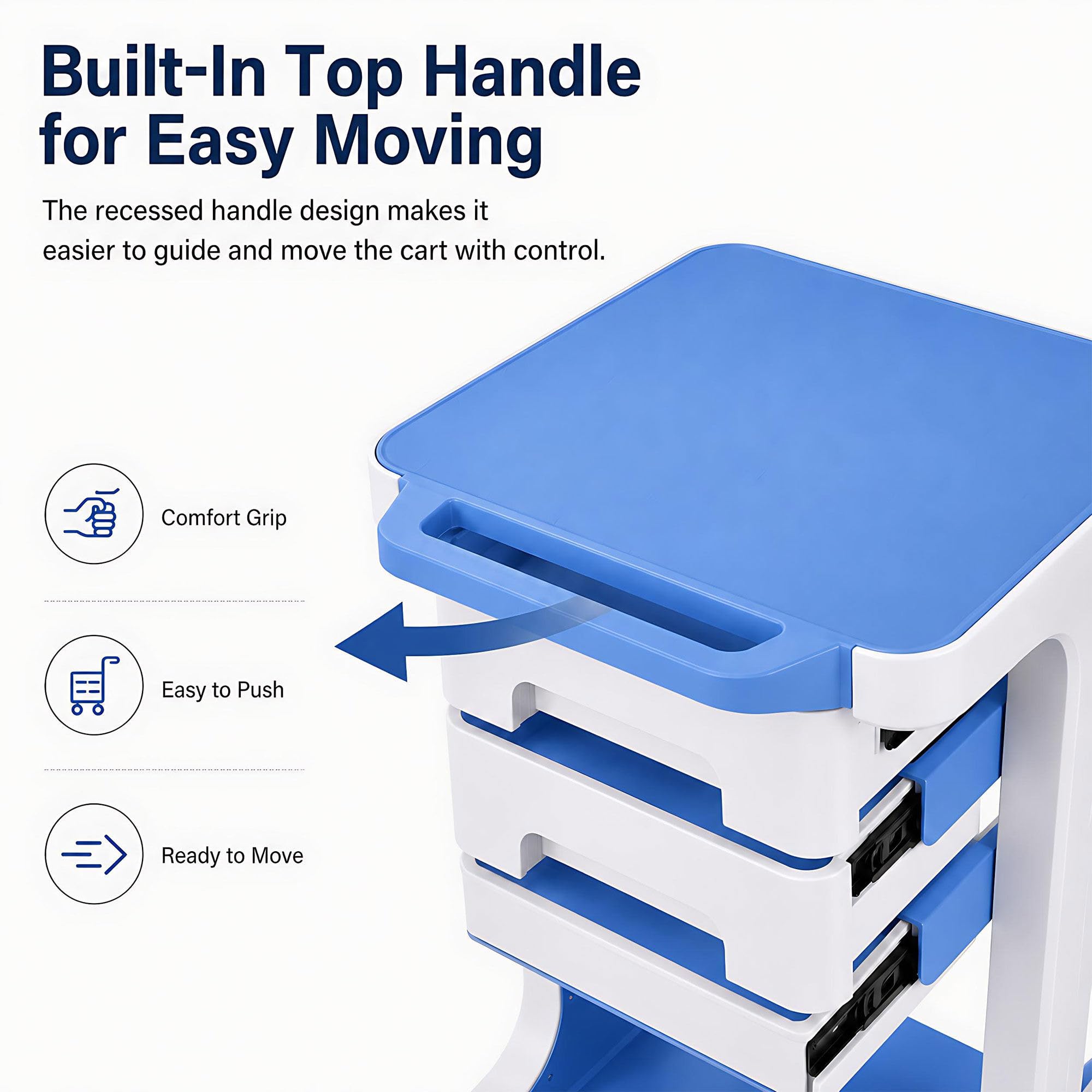 Carrito laboratorio 3 pisos 2 cajones, 50 kg, frenos, para estética Blue | Diseño compacto que ahorra espacio. Ideal para hospitales, clínicas, centros de estética, peluquerías y laboratorios.