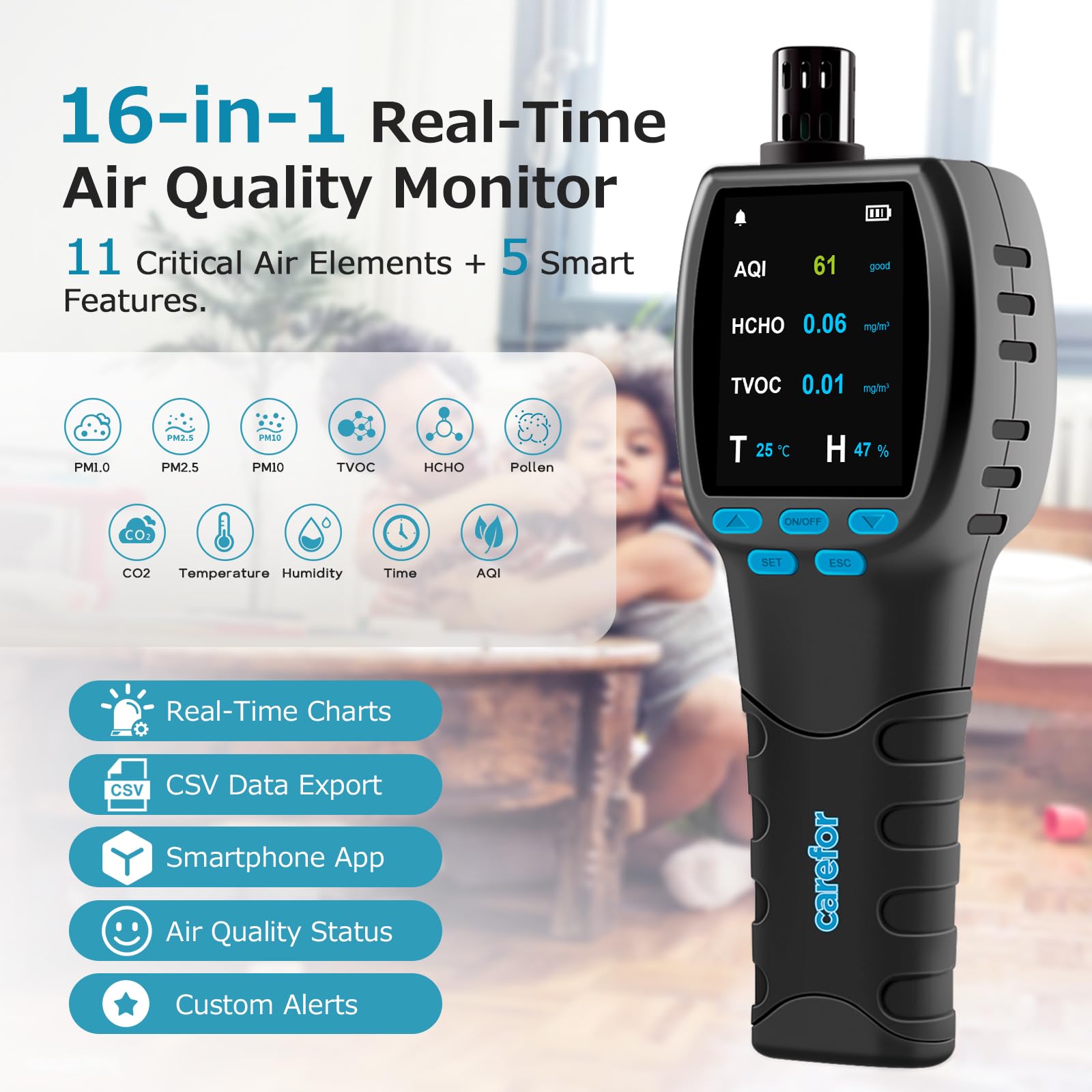 Upgraded CF-60 PP SMART Professional Luftqualität Messgerät, 16-in-1 CO2 Messgerät mit Echtzeit-Datenlogger, 24-Stunden-Bildschirmdiagrammen und CSV-Bericht für Zuhause, Schimmelprävention