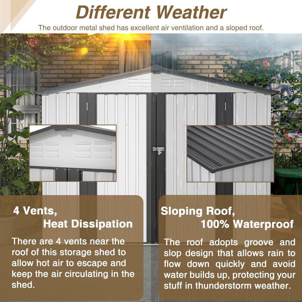 8 x 6 ft Outdoor Metal Storage Shed with Lockable Doors, Weather Resistant Steel Garden Tool Shed for Backyard and Lawn