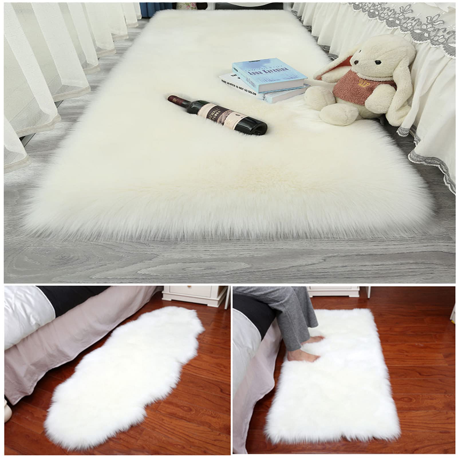 Teppich mit weichem Shaggy-Dekor aus Pelz Lammfell-Imitat-Teppich für Schlafzimmer, Wohnzimmer, Langhaar Kunstpelz Stuhl Sofabezug Sitzauflage,White-2.6x4.9ft
