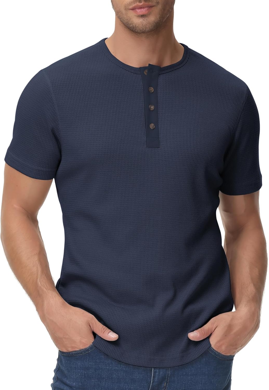 Men's Henley Shirts Short Sleeve Waffle Casual Basic Tees Classic Henley Summer Solid T Shirts with Pocket