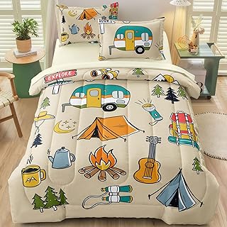 5 Pcs Camping Decor Comforter Set Twin Size for Kids Teen Boys and Girls Room Decor, Camper Accessories for Travel Trailers Themed Bedding Bed in A Bag