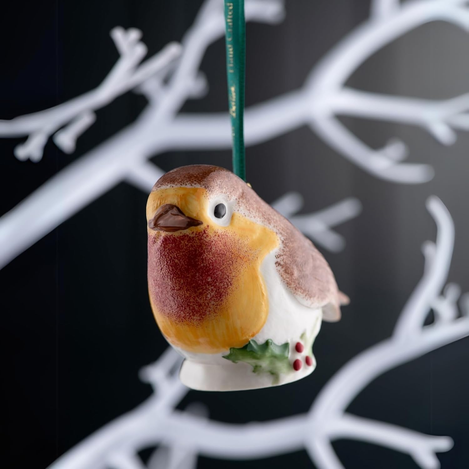 Belleek Robin with Holly Ornament - Christmas Tree Hanging Ornament - Porcelain Handcrafted Irish Decor - 3.9”L x 2”W x 2.7” H, Multicolor