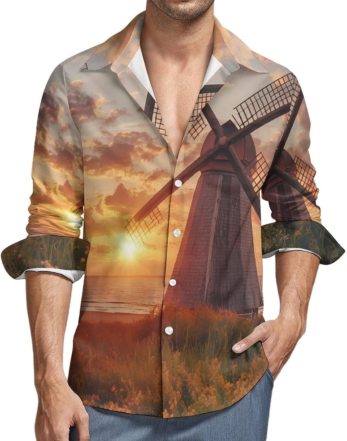 Dutch Windmill Sunset Long Sleeve Shirts Casual Dress Shirt Button-down T-shirts for Men