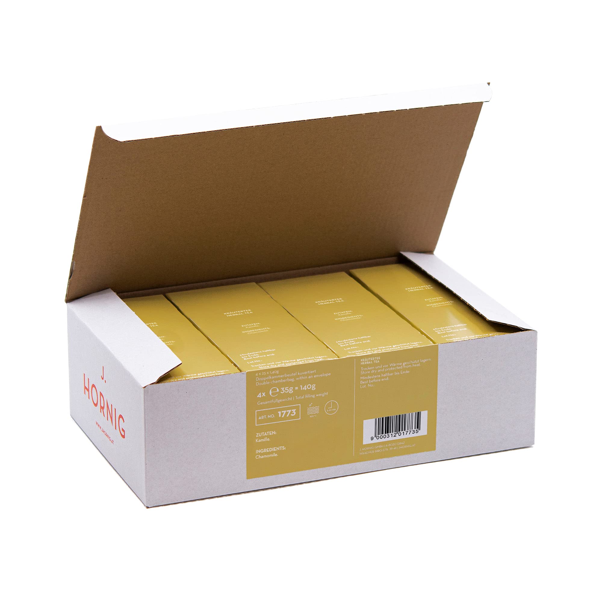 J. Hornig Tee Kamille, natürlicher Kamillentee ohne zugesetzte Aromen, milder Kamillen-Geschmack, 4 x 25 Beutel, 100 Teebeutel Vorratspack
