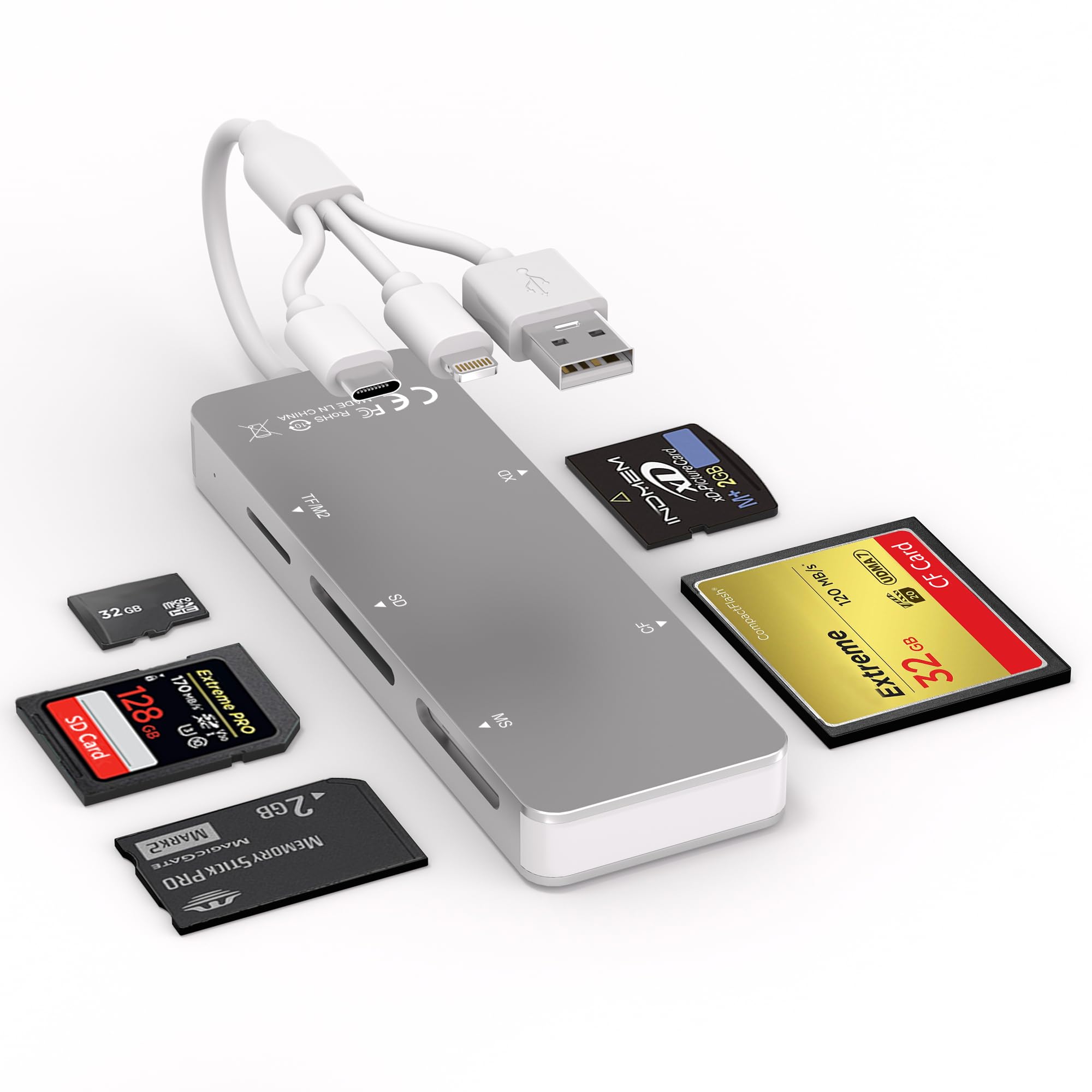 Adaptateur Memory Stick Pro Duo 5 en 1 en aluminium SD/TF/CF/MS/XD avec Lightning/USB-C/USB A, adaptateur Memory Stick Pro haute vitesse pour iPhone/iPad/Android/PC/Mac appareil photo