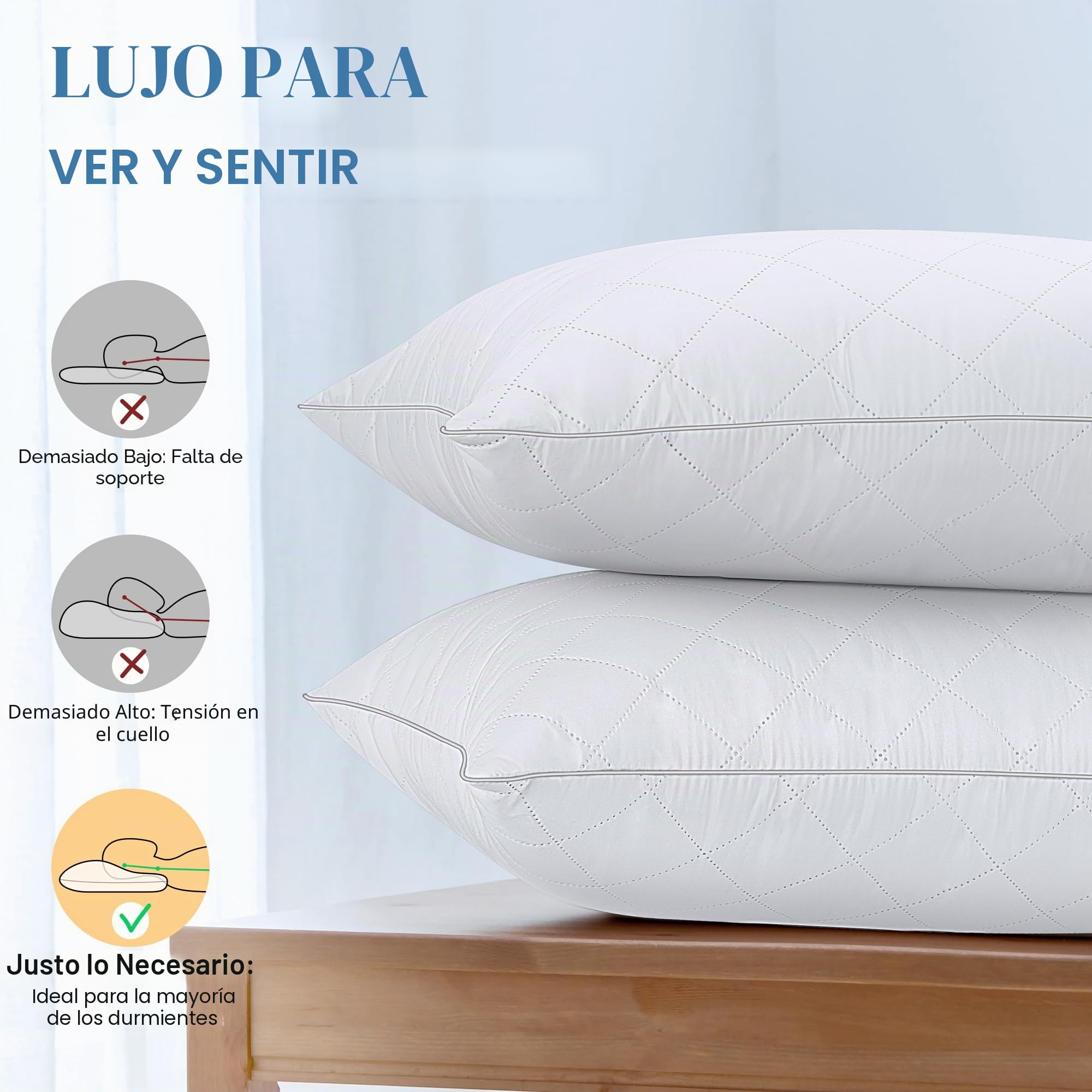 TESQ Almohadas 50x70 cm (2 Unidades), Calidad Hotelera de Lujo Almohada Suaves y Confortables, Transpirables e Hipoalergénicas Certificadas Oeko-Tex, Ideales para Todas Las Posiciones de Sueño | Lavable, confort suave, funda transpirable, hipoalergénica,