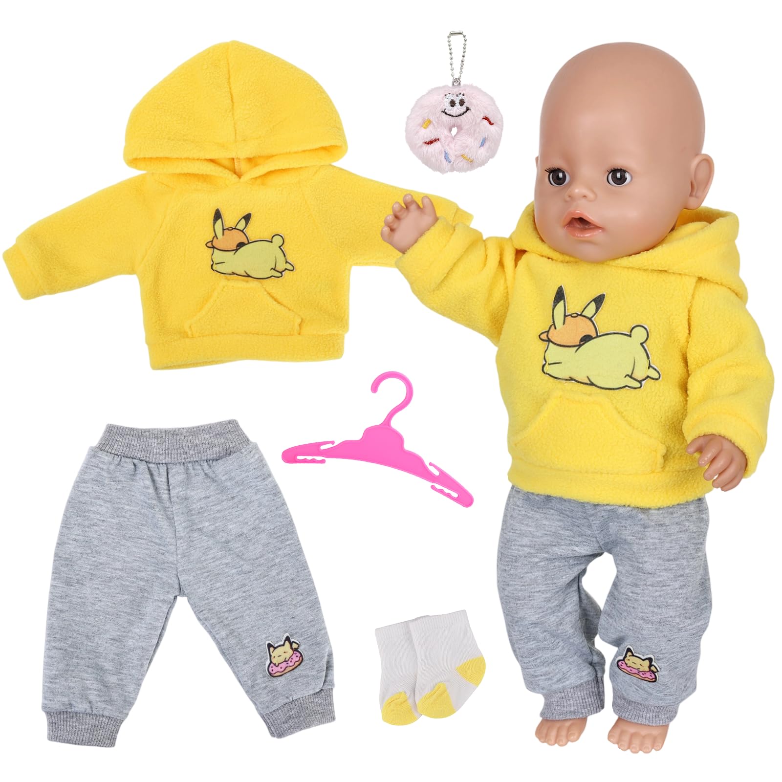 5 Stück Puppenkleidung für 35-43cm Baby Puppen, Baby Kleidung Outfit für 14-18 Zoll Puppen mit 1 Gelbes Hosen 1 Jogginghose 1 Kleiderbügel 1 Socken 1 Stofftier für Kinder Mädchen Jungen