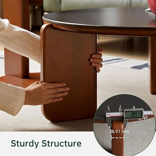 Miniatura 5 de YESWOOD Mesa auxiliar redonda, mesa auxiliar de madera con parte superior de piedra sinterizada, mesa Morden de mediados de siglo, mesa de centro