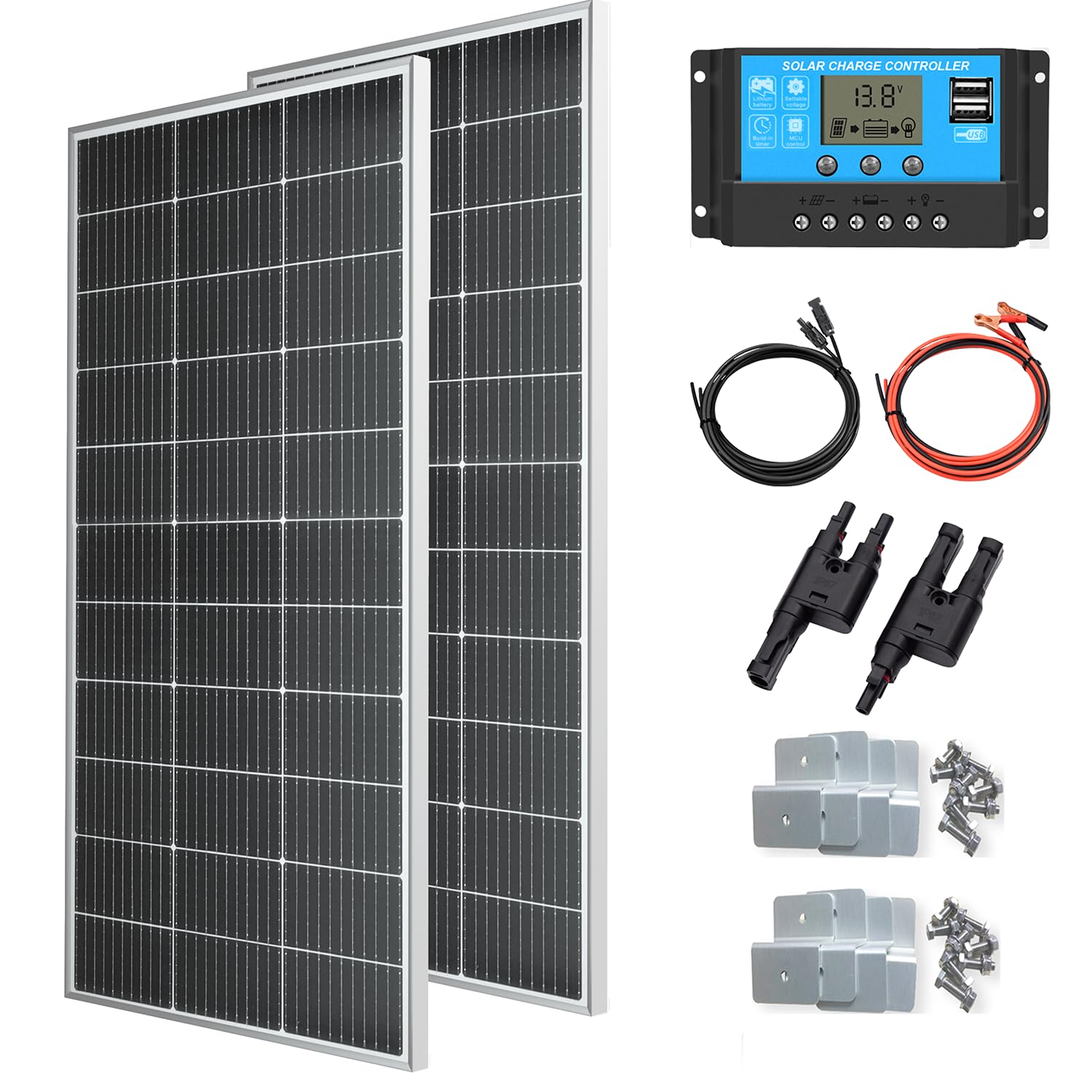 Kit panneau solaire 300W complet avec deux modules mono 150W et régulateur 30A pour batterie 12V