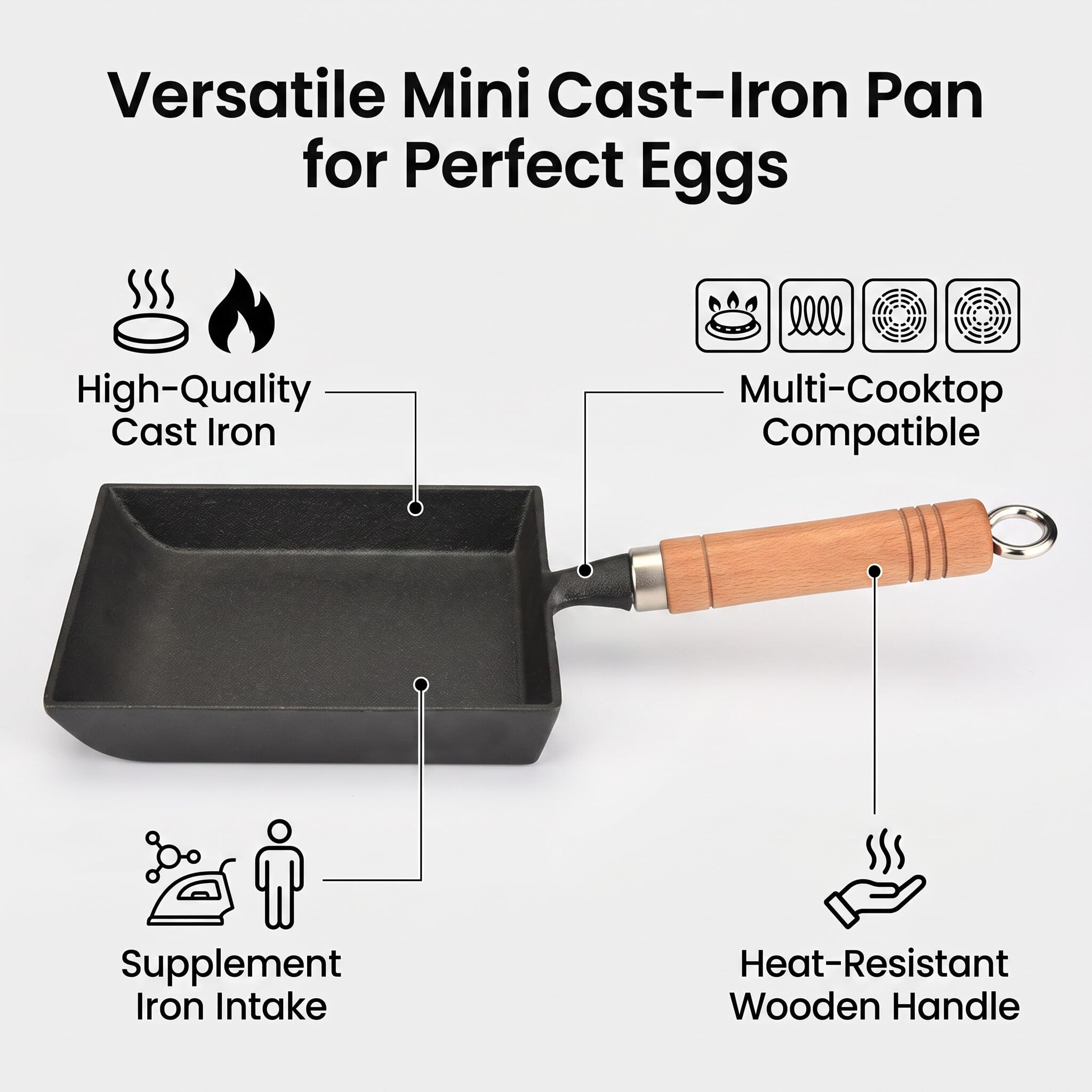 Cocoarm Padella Tamagoyaki in Ghisa con Manico in Legno, per Giapponese, Compatibile con Gas e Alogeno