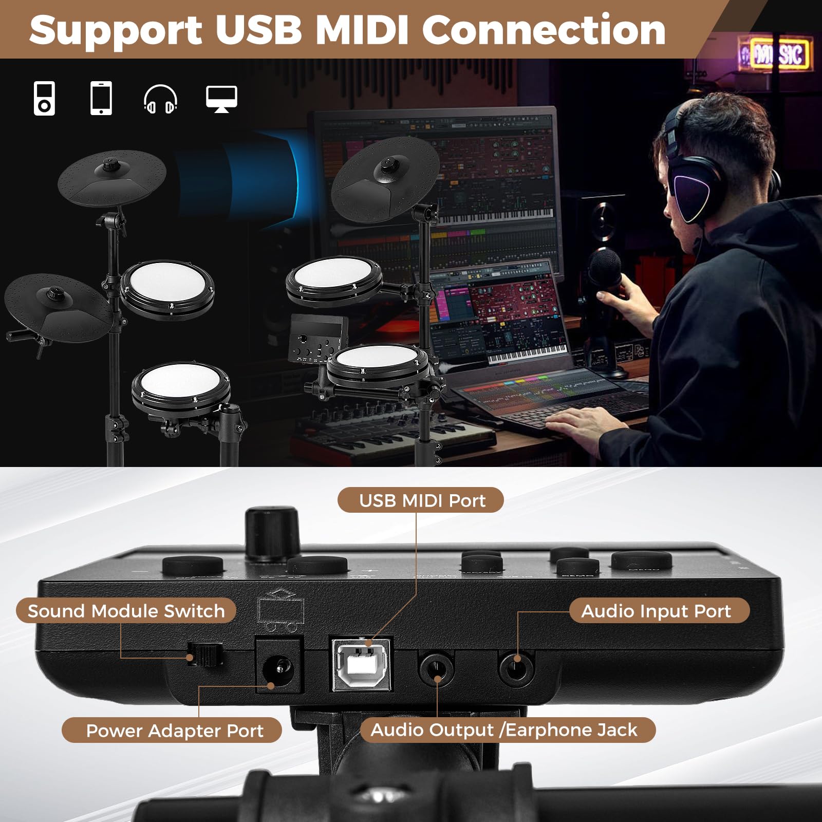 FANTASK Batería electrónica, Juegos de batería E-Drum Plegables con Pads de Malla, 150 Sonidos y 10 Demos, metrónomo y USB Midi, 2 Pedales y 2 Baquetas, Juego de batería electrónico de 7 Piezas para