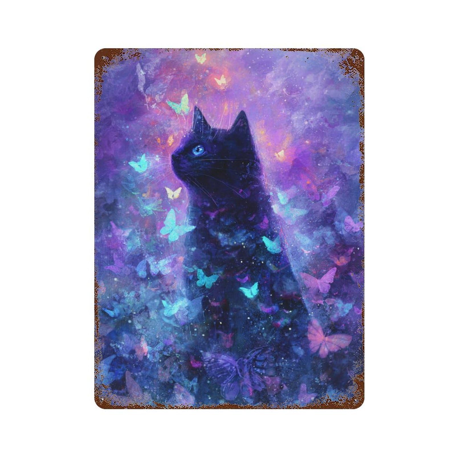 Enchanted Butterfly Cat Art Print Distressed Metal Wall Sign 15.7"x11.8", for Basement, Hobby Room And Garage Decor, Shabby Chic Decor