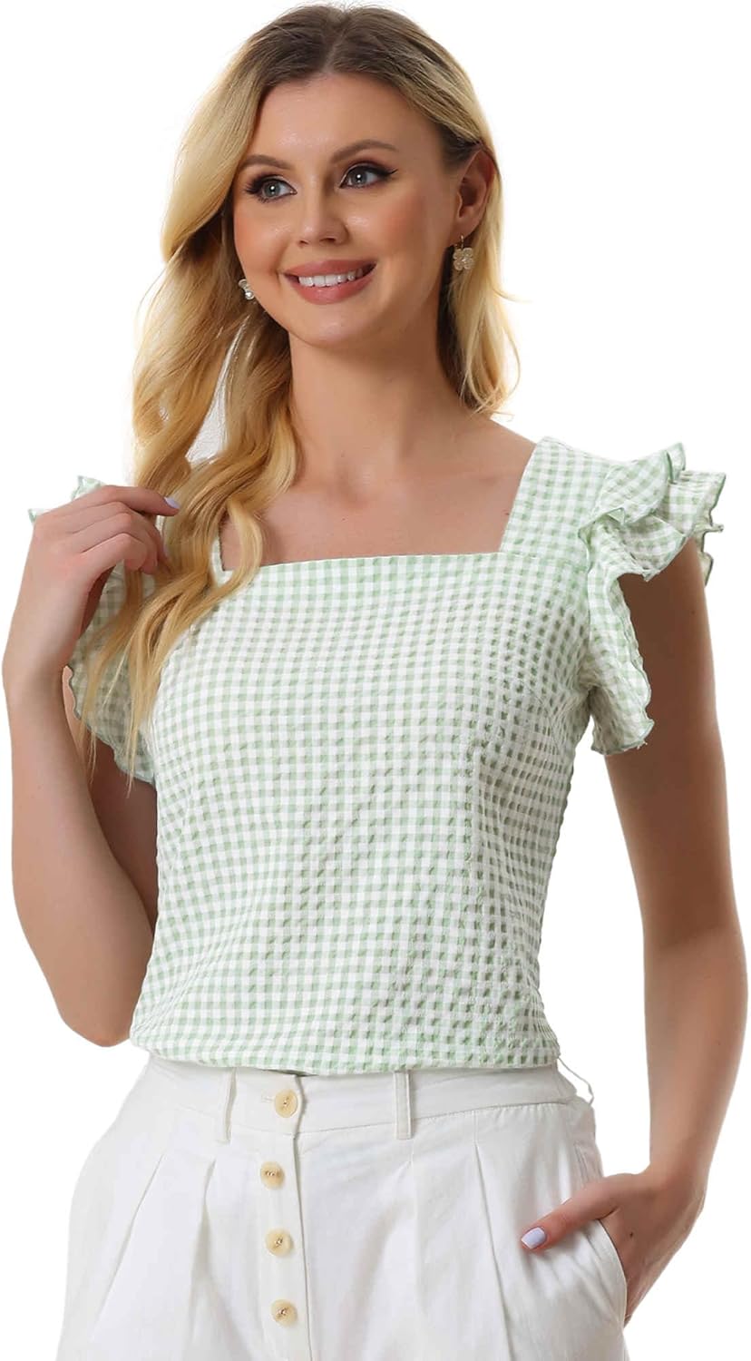 Allegra K Gingham Tops for Women Summer Ruffle Cap Sleeve Square Neck Plaid Blouses Shirt Summer Outfits