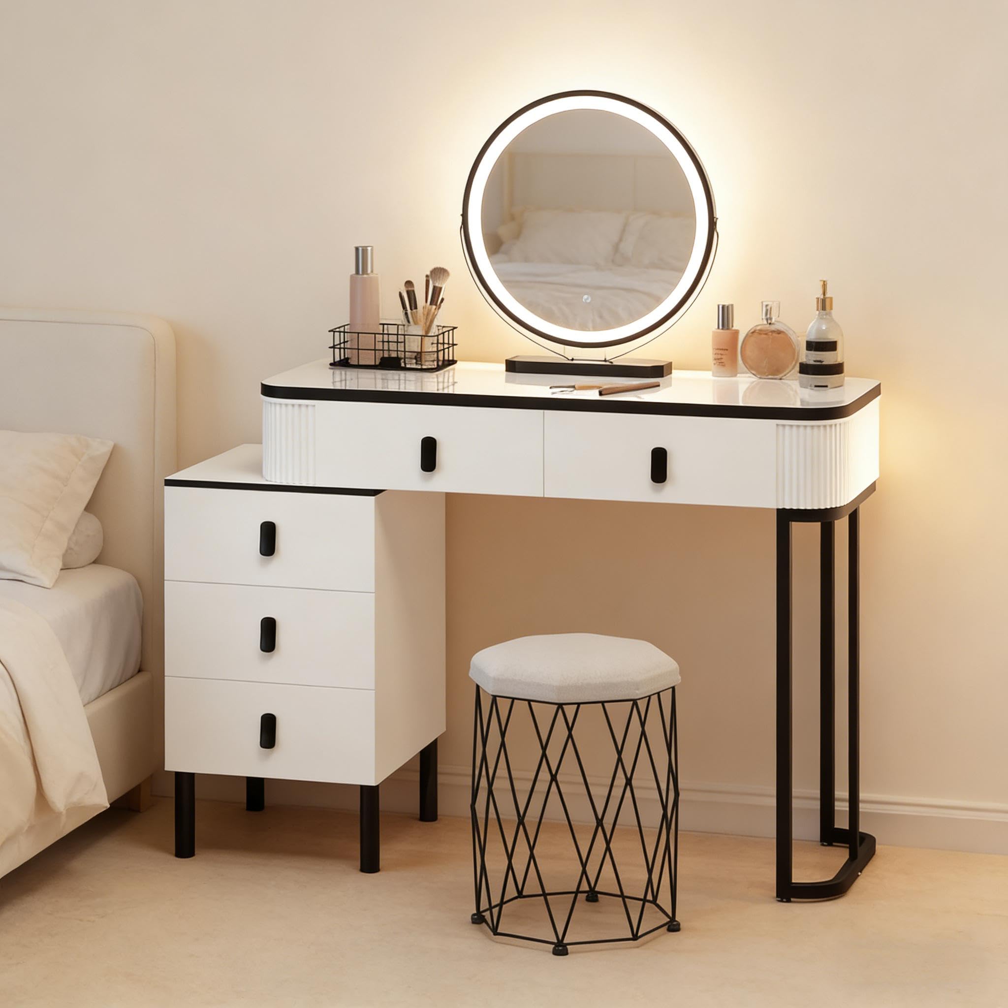 Tavolo da toeletta con specchio LED, 5 cassetti, sgabello