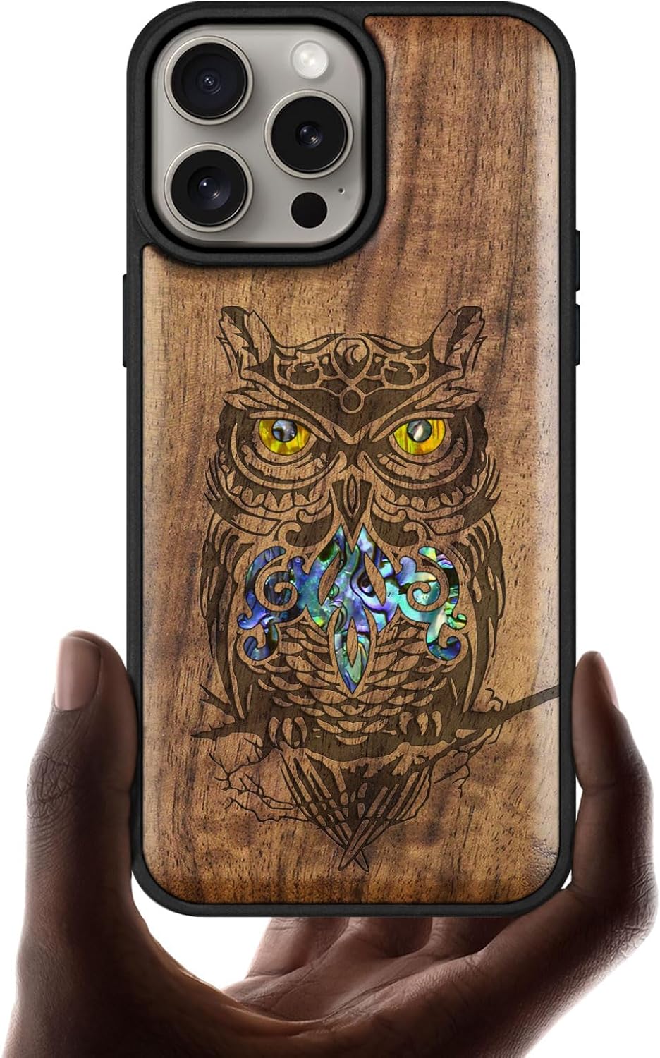 Carveit Wooden Case for iPhone 15 Pro Max Magnetic Case, Compatible with MagSafe Wireless Chargers, Handmade Shell Inlaid & Wood Artisan Engraved (an Owl Perched on a Branch) Blackwood