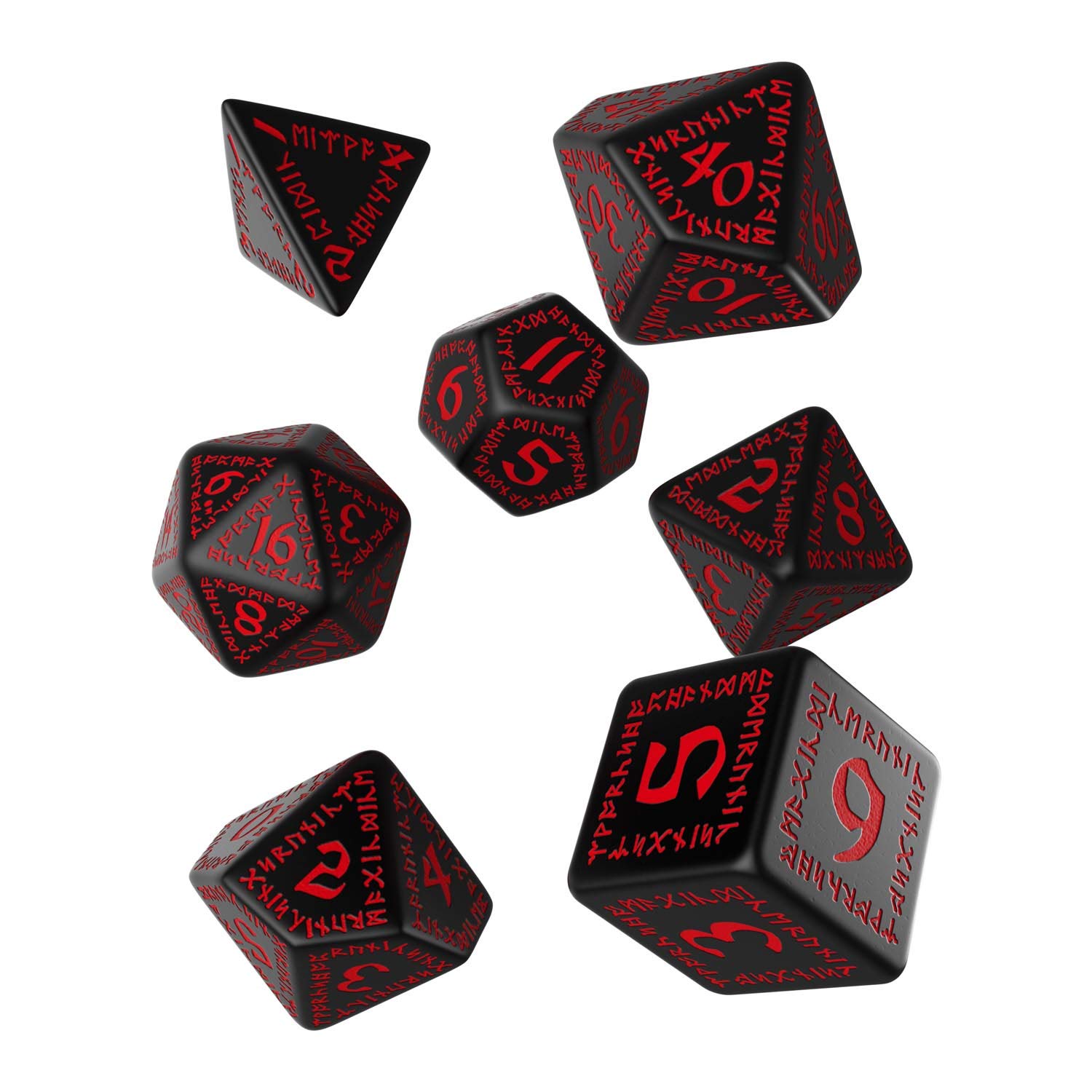 Q WORKSHOP Runic black & red RPG Dice Set 7 Polyhedral Pieces
