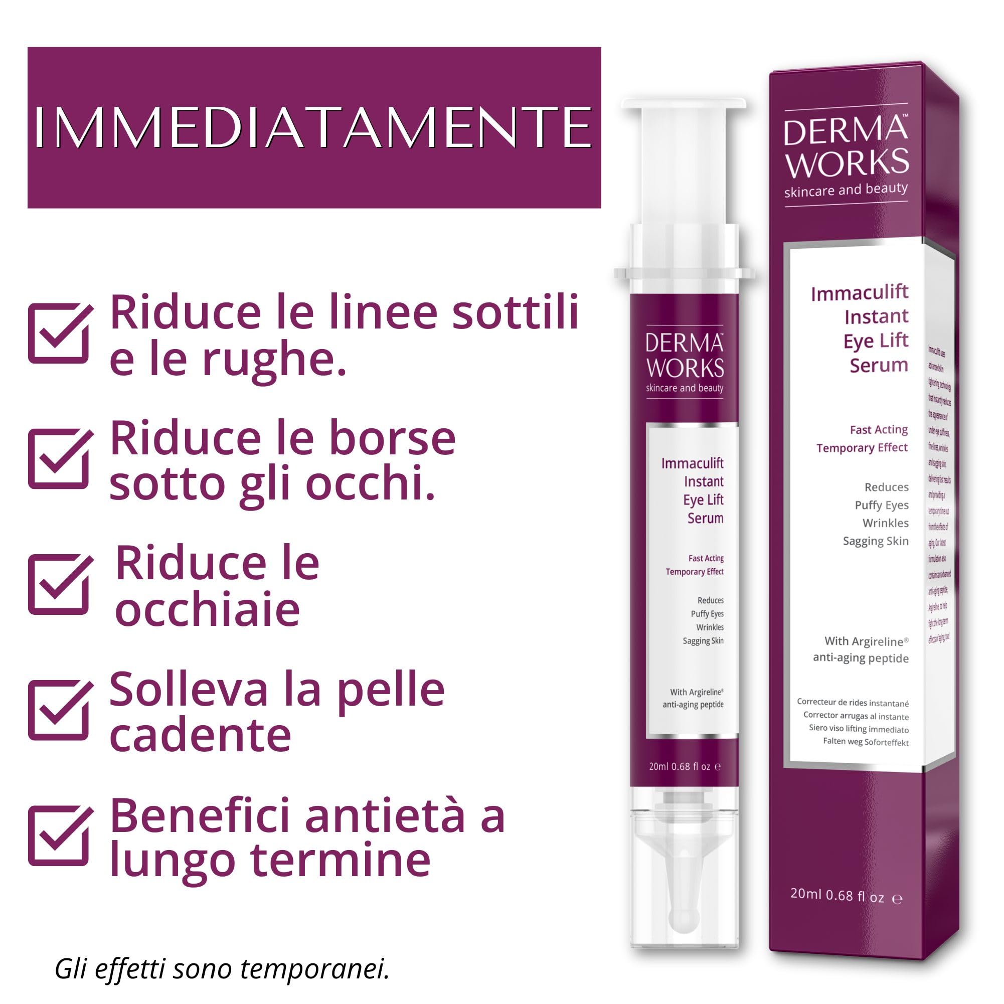 IMMACULIFT Crema Contorno Occhi Antirughe Effetto Istantaneo - Crema Lifting Viso Immediato - Occhiaie Uomo e Donna - Lifting Istantaneo Viso - Instant Face lift - Borse Sotto gli Occhi di DERMAWORKS
