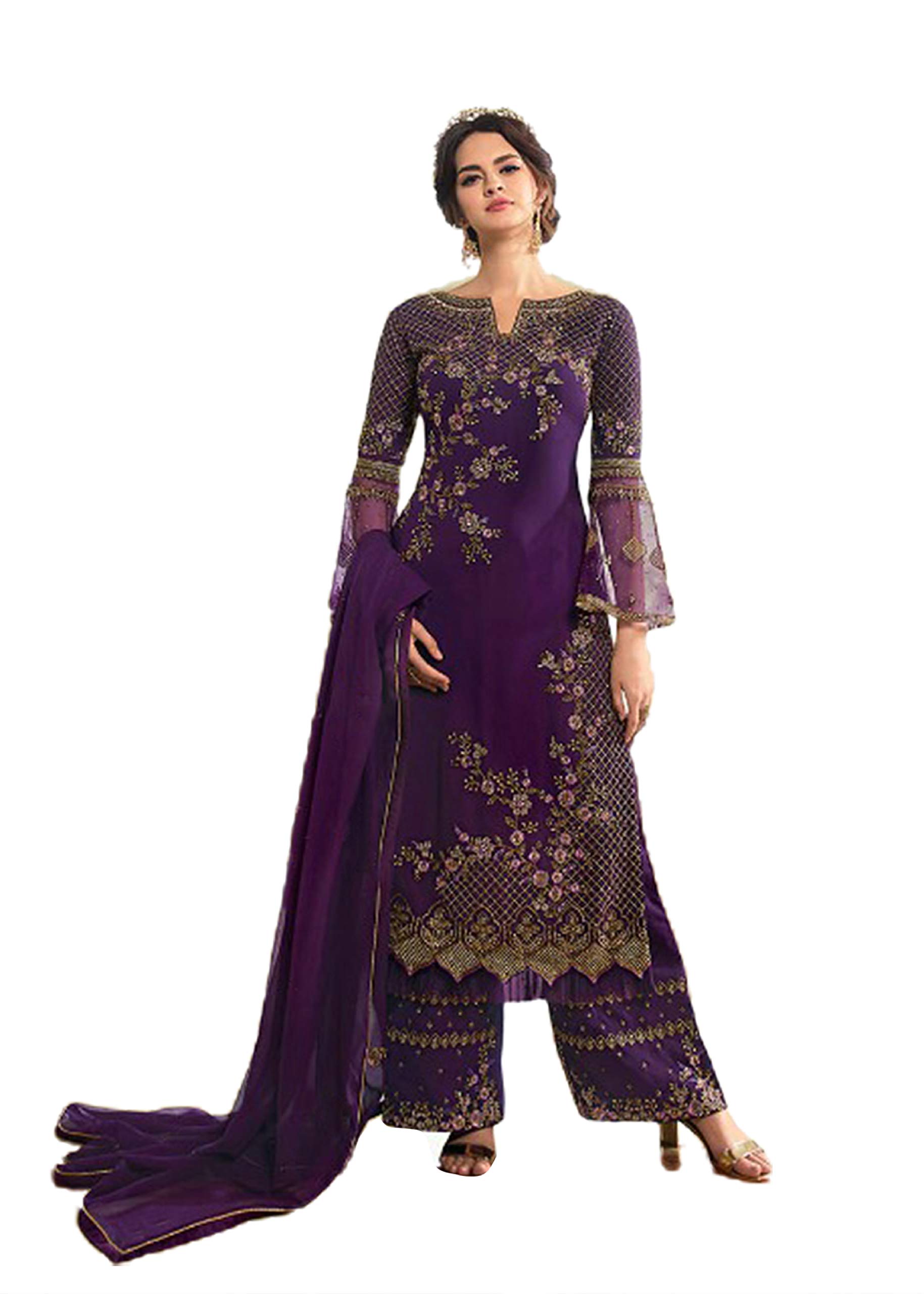 Miss Ethnik Women's Faux Georgette Semi Stitched Top With Unstitched Santoon Bottom and Net Dupatta Embroidered Straight Kurta Dress Material (Kurta Palazzo Set)