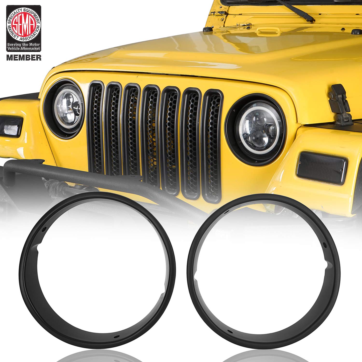 Hooke Road Wrangler TJ Matte Black Headlight Bezels Cover Trim for 1997-2006 Jeep Wrangler TJ (Pair)