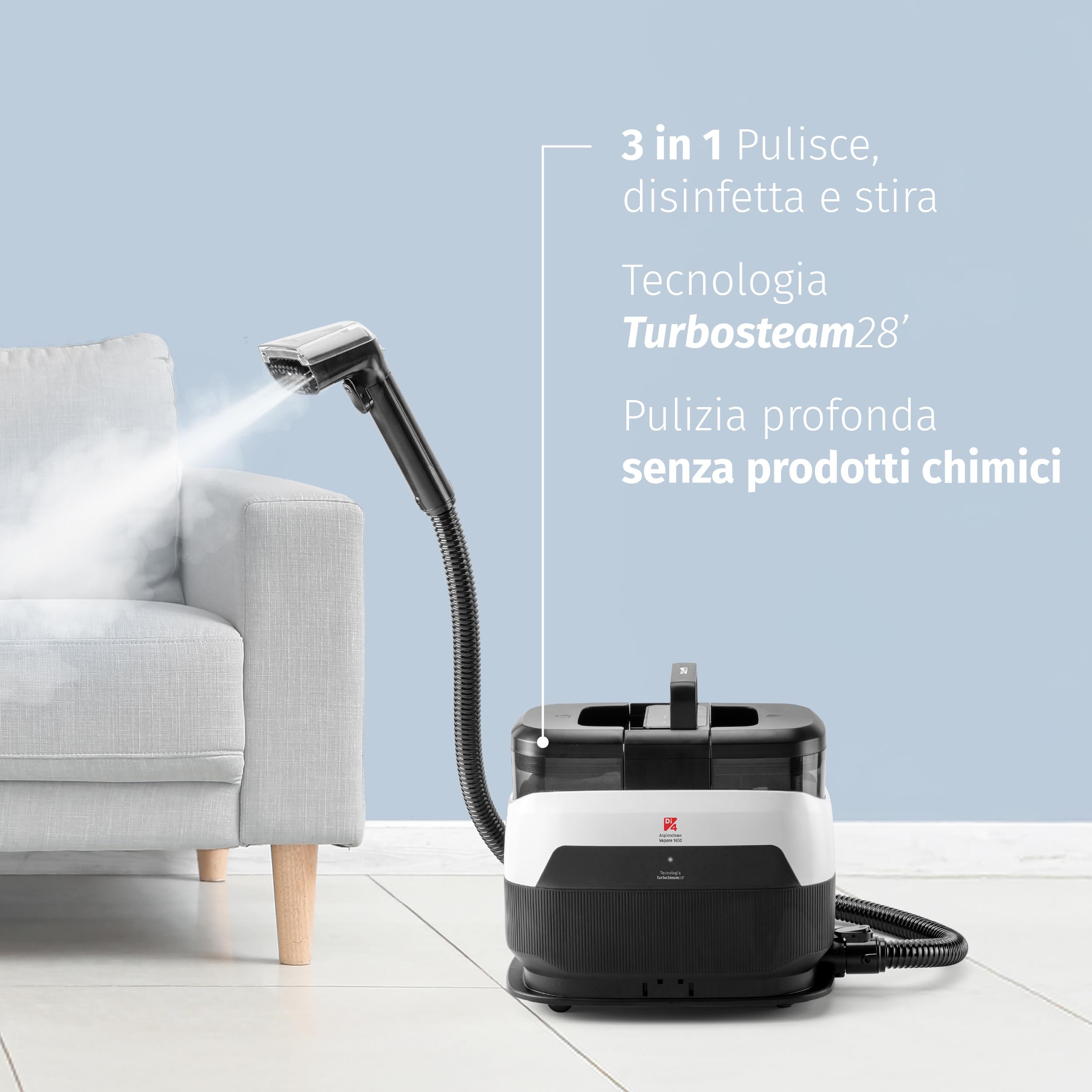 Di4 Aspiroclean Vapore 1650, Pulitore a Vapore, Potenza 1650W, Funzione Acqua Calda e Vapore, Doppio Serbatoio, Pulitore a Vapore per Divano, Tappeti, Tappezzeria e Auto, Accessori Inclusi, Lavavetri