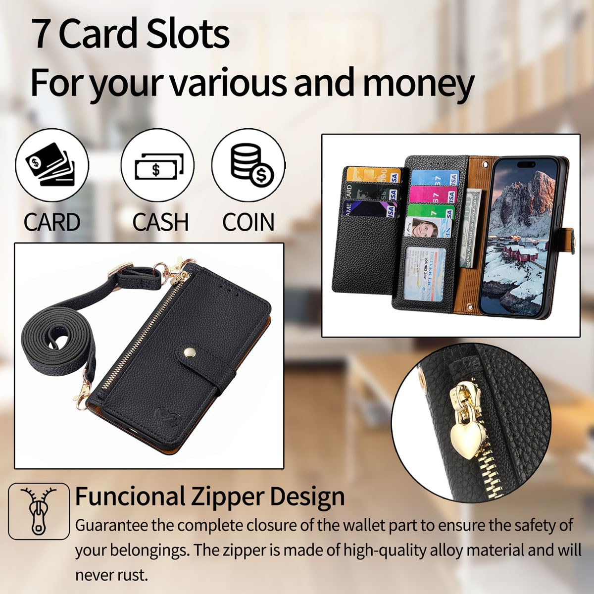 MOJIA Flip hoesje voor Xiaomi Redmi Note 13 Pro (Plus) 5G, lederen rits flip portemonnee hoesje cover [met schouderriem], kaarthouder multifunctionele anti-val telefoonhoesje, bruin