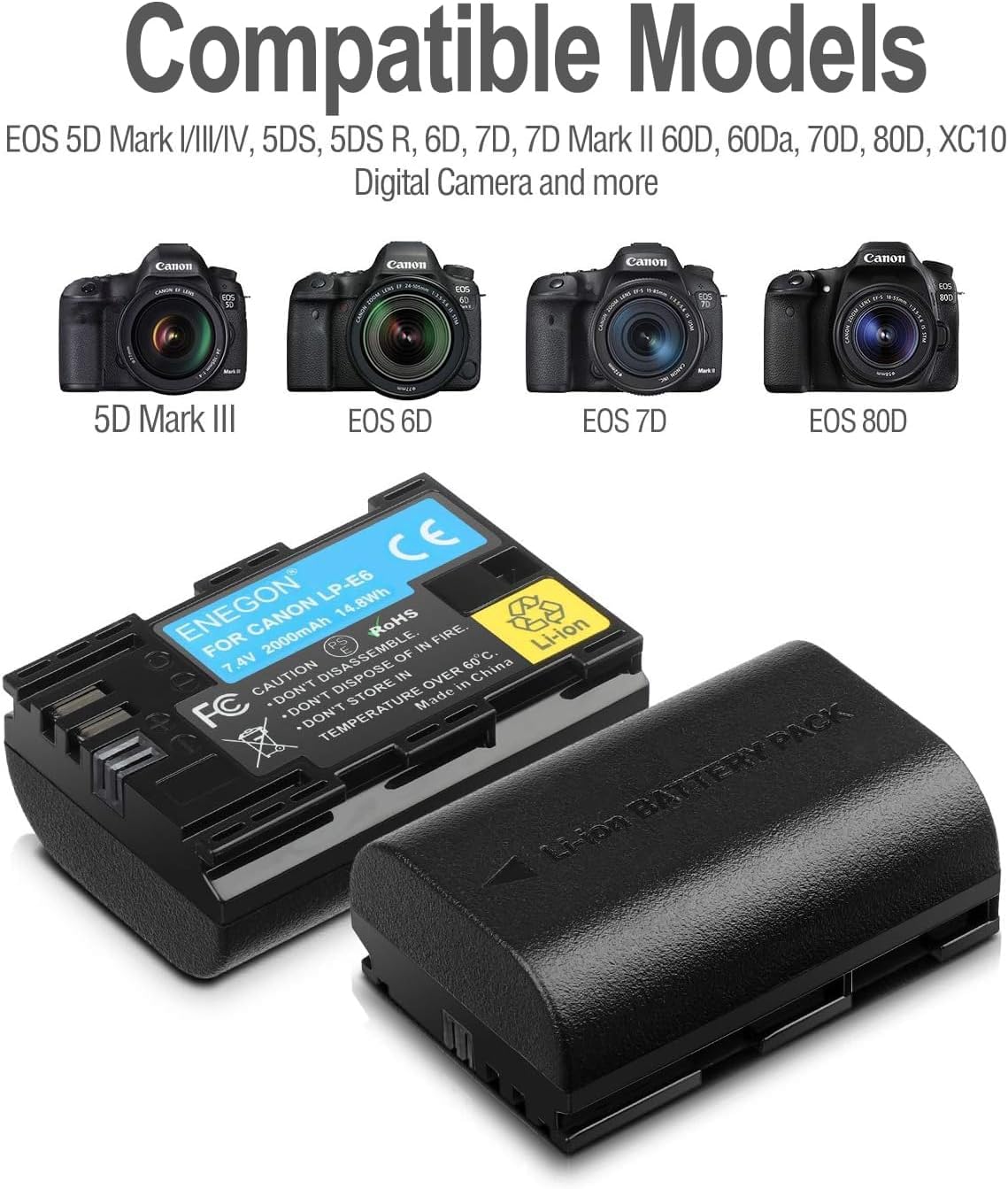ENEGON LP-E6 Batterie de Rechange 2 Paquets et Chargeur Intelligent LED USB pour Canon LP-E6, LP-E6N and Canon EOS 5D Mark II III IV, 5DS, 5DS R, 6D, 7D, 7D Mark II, 60D, 70D 80D 90D Caméras et Plus