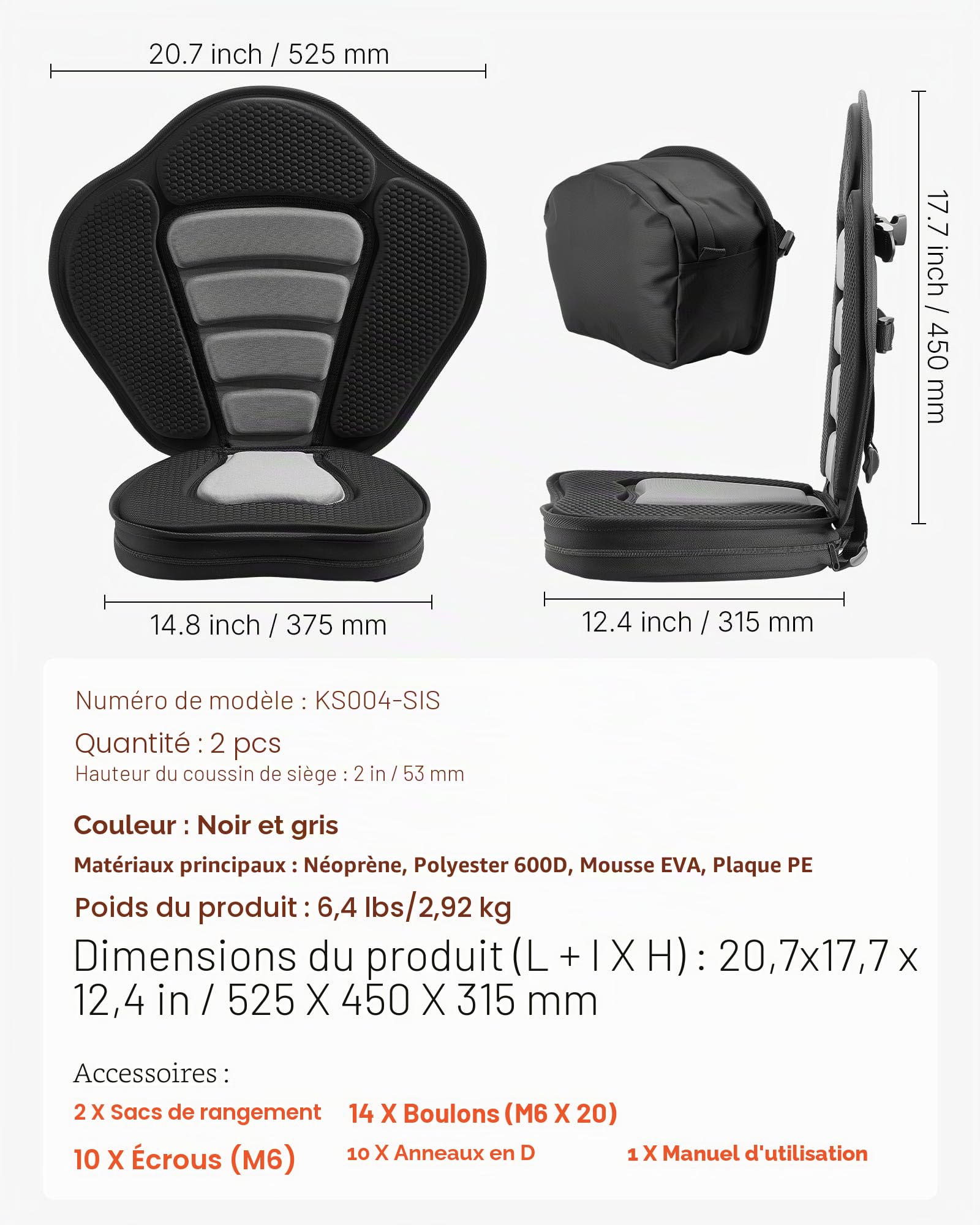 VEVOR Siège de Kayak Universel 2PCs, Dosseret SUP 53 mm d'Épaisseur, pour Planche à Pagaie Paddle Kayak Gonflable, avec Dossier, Coussin Rembourré Souple, Sac de Rangement et Sangles Réglables