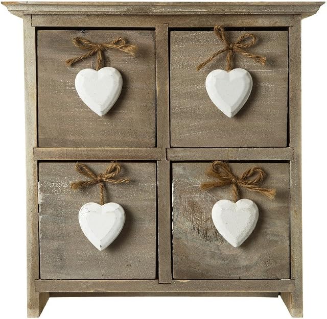 Chic & Shabby Wooden 4 Drawer Cabinet Storage Chest White Hanging Hearts Handles