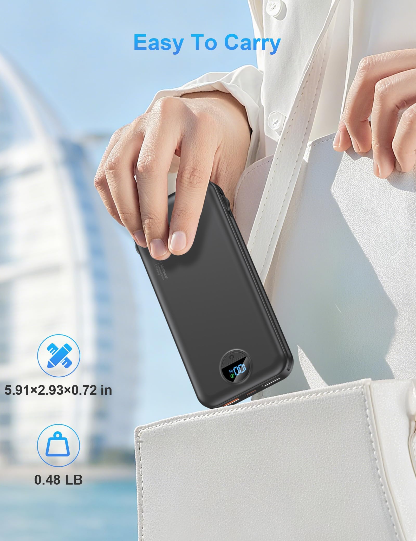 10000mAh batterie externe USB-C charge rapide, Bloc-batterie externe avec câbles intégrés, Affichage numérique, 5 sorties 4 entrées pour iPhone, Android