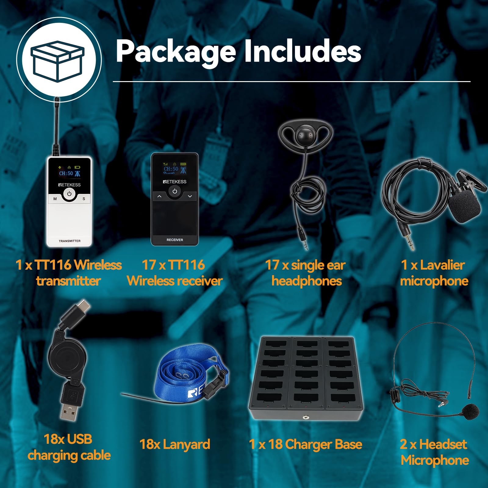 Retekess TT116 Tour Guide System, Système de Guide Touristique sans Fil, Réduction du Bruit, 200M, Systèmes Whisper avec Chargeur 18 Ports pour Usine, Voyage, Université (1 Emetteur 17 Récepteurs)