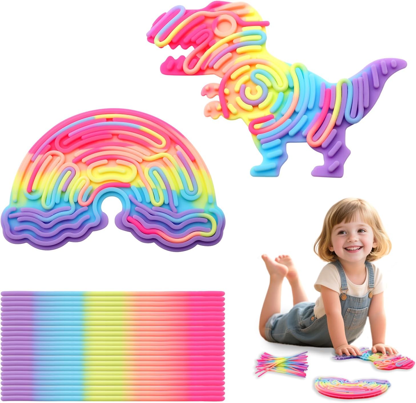 TMZELOA 2 Pcs Sensory Activity Board for Kids – Cloud & Dinosaur Silicone Fidget Toys with 22 Cords, Double-Sided Stress Relief Autism ADHD Toys, Montessori Travel Quiet Toy Gift Age 3+