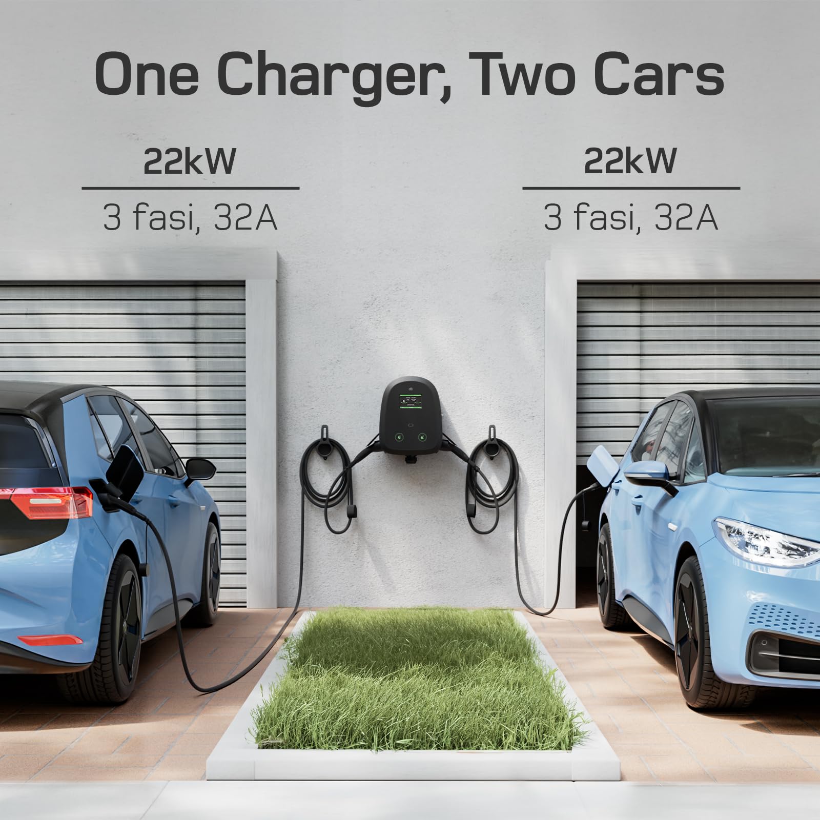 dé Wallbox Doppia 2×22kW [6-32A, Trifase] Colonnina Ricarica Auto Elettrica con Presa Tipo 2, Wallbox 22kw Tipo 2 Controllo App & RFID, Wallbox Trifase per la Ricarica Doppia per BEV/PHEV